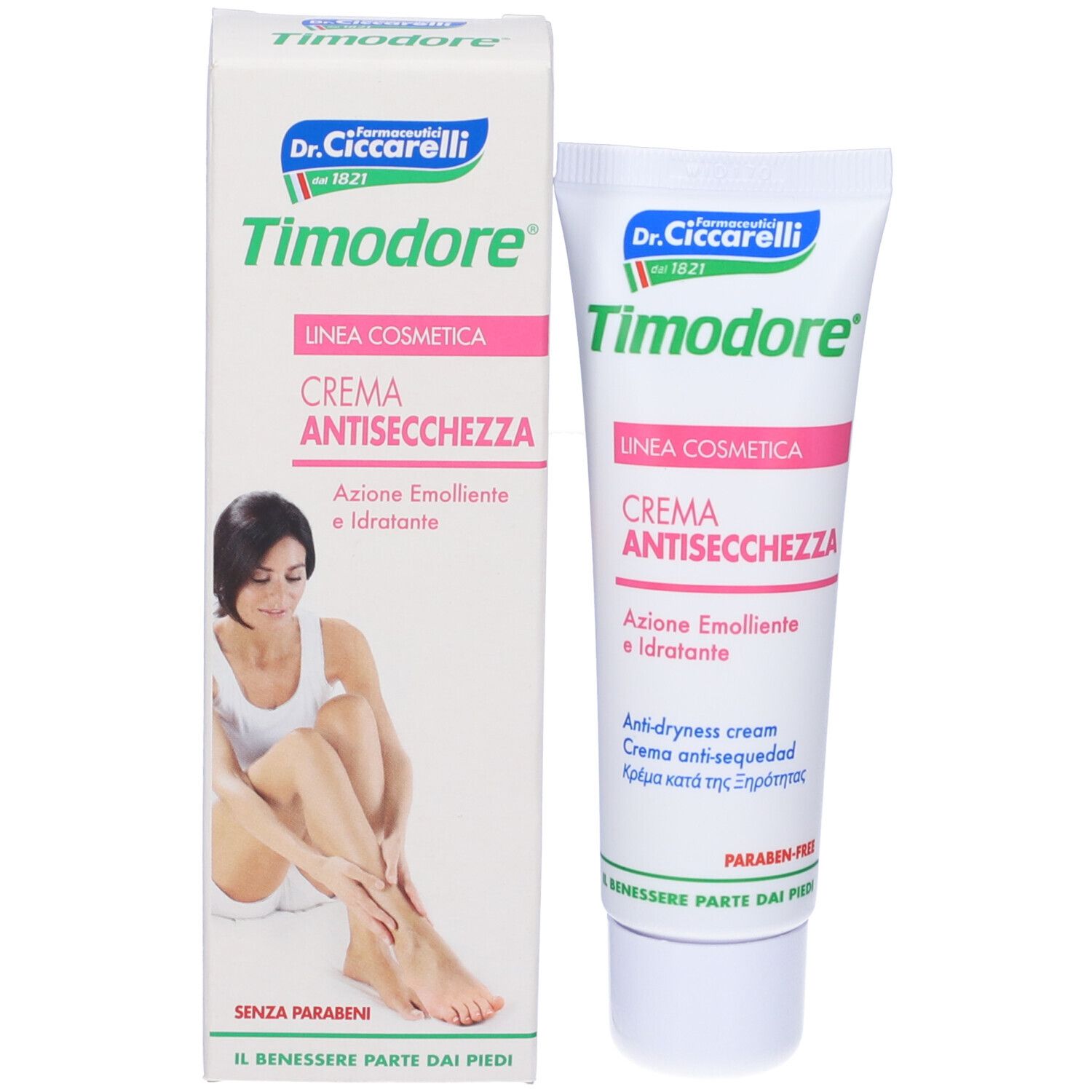Tubo e scatola di crema. Scritta: Timodore, Crema Antisecchezza. Donna tocca il piede. Senza parabeni.