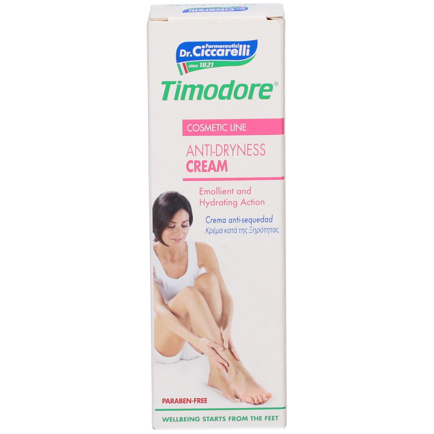Scatola con scritta Timodore, Crema anti-secchezza. Donna tocca il piede. Senza parabeni.
