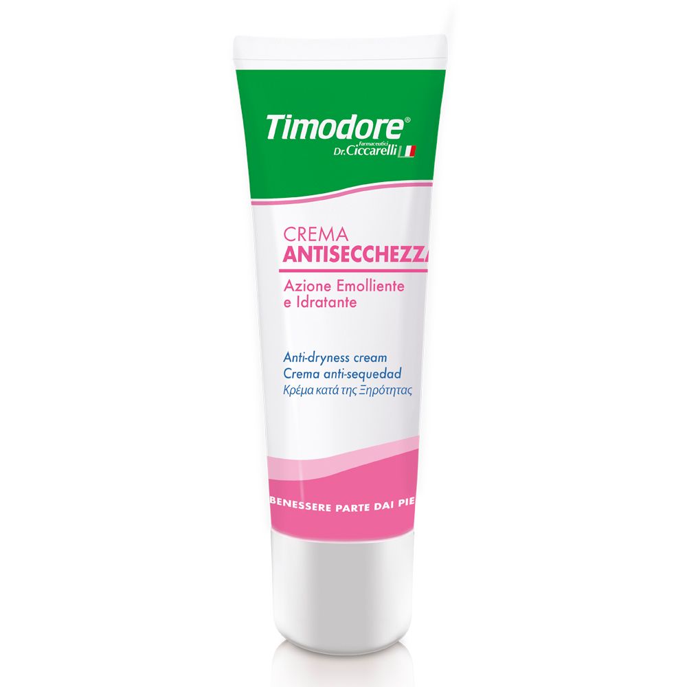 Tubo bianco con tappo verde. Scritta: Timodore, Crema Antisecchezza. Striscia rosa. Testo multilingue.