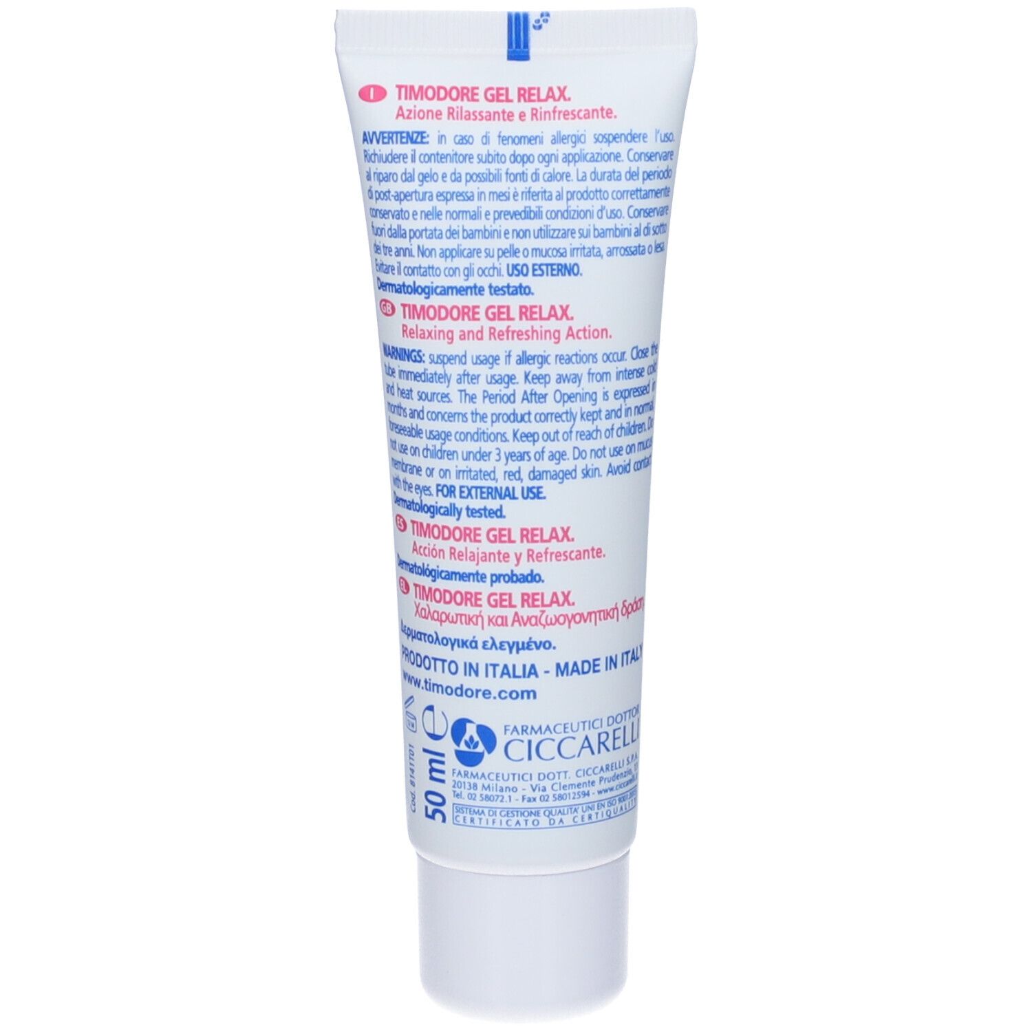 Retro di un tubo bianco. Contiene testo in più lingue. Marchio: Dr. Ciccarelli. 'Timodore Gel Relax'. 50 ml.