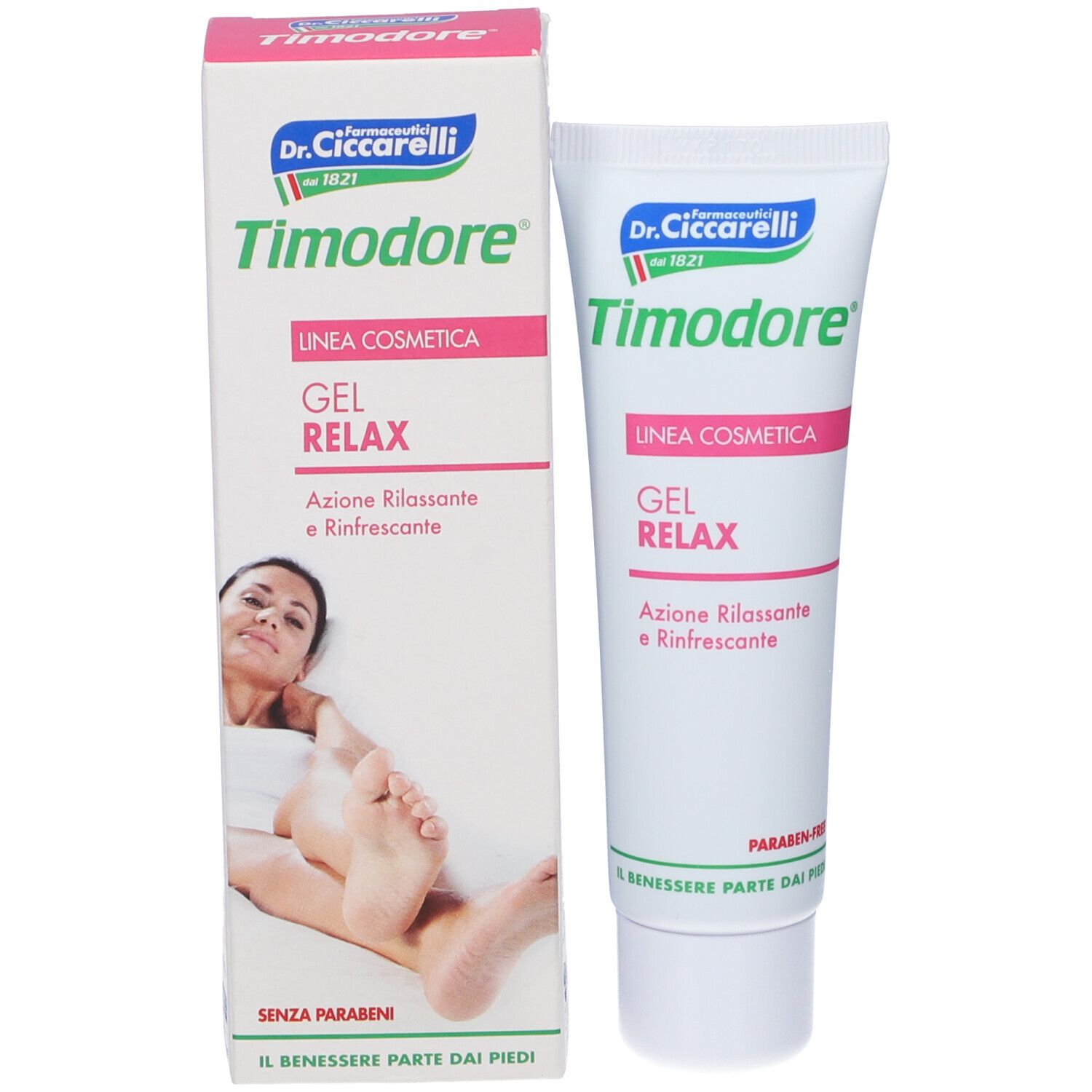 Confezione e tubo del prodotto. Confezione: bianca con accenti rosa. Contiene 'Timodore Gel Relax'. Marchio: Dr. Ciccarelli. Donna con piede.