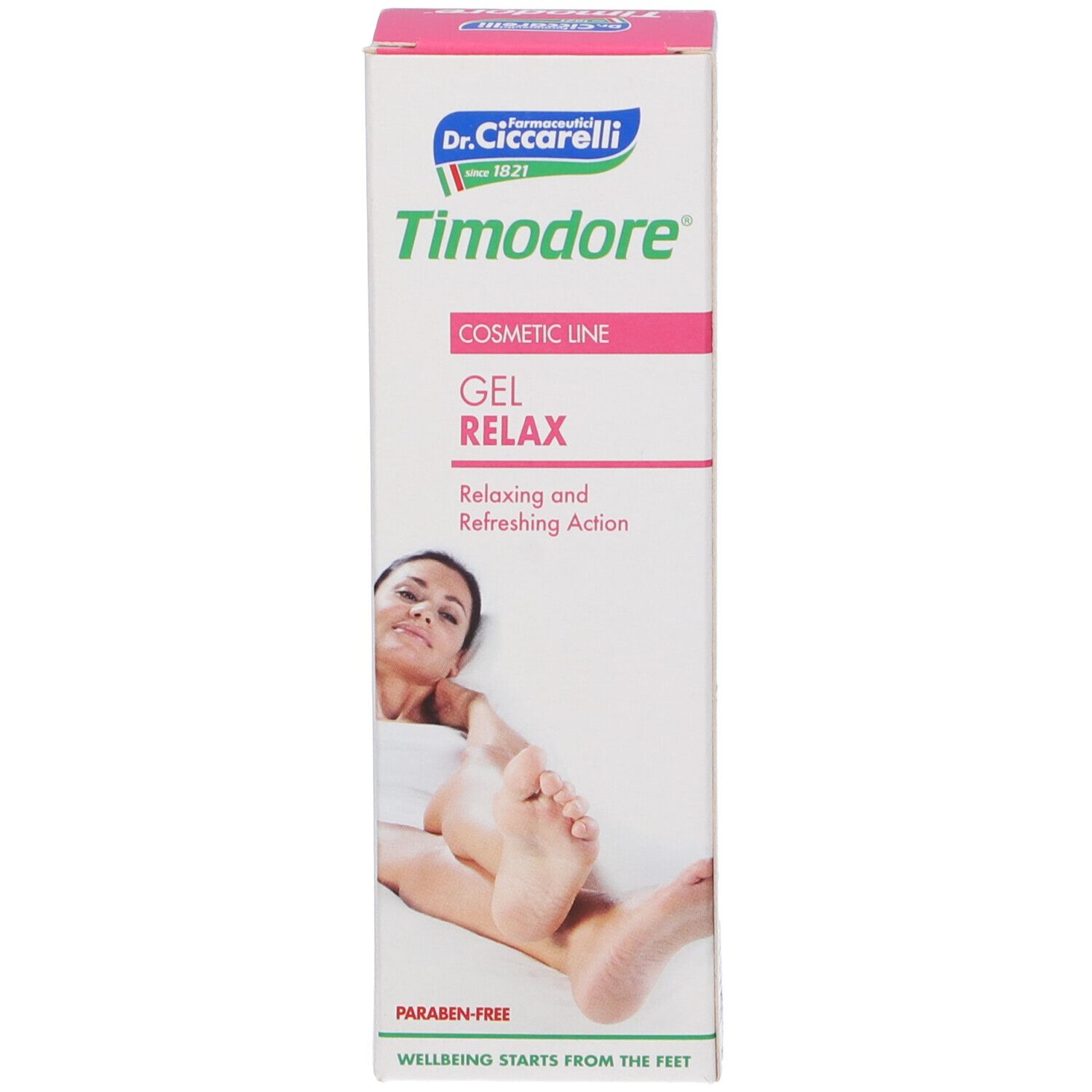 Confezione bianca con accenti rosa. Contiene 'Timodore Gel Relax'. Marchio: Dr. Ciccarelli. Donna con piede. 'Cosmetic Line'.