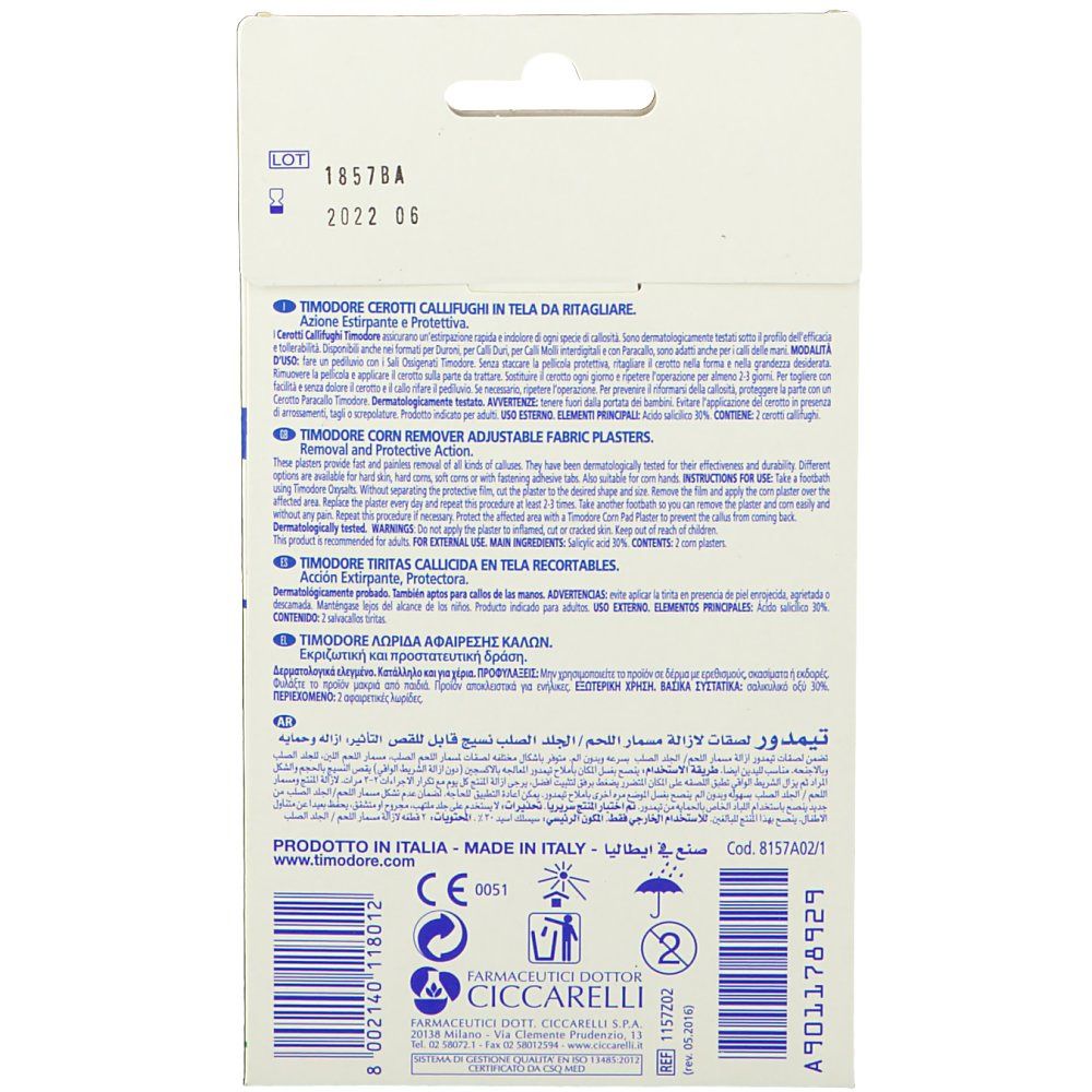 Retro della confezione. Testo: Timodore Cerotti Callifugo. Contiene informazioni e istruzioni per l'uso.
