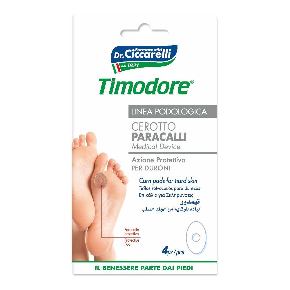 Confezione di cerotti per piedi. Marchio Dr. Ciccarelli Timodore. Testo: Cerotto Paracalli, 4 pezzi. Dispositivo medico.
