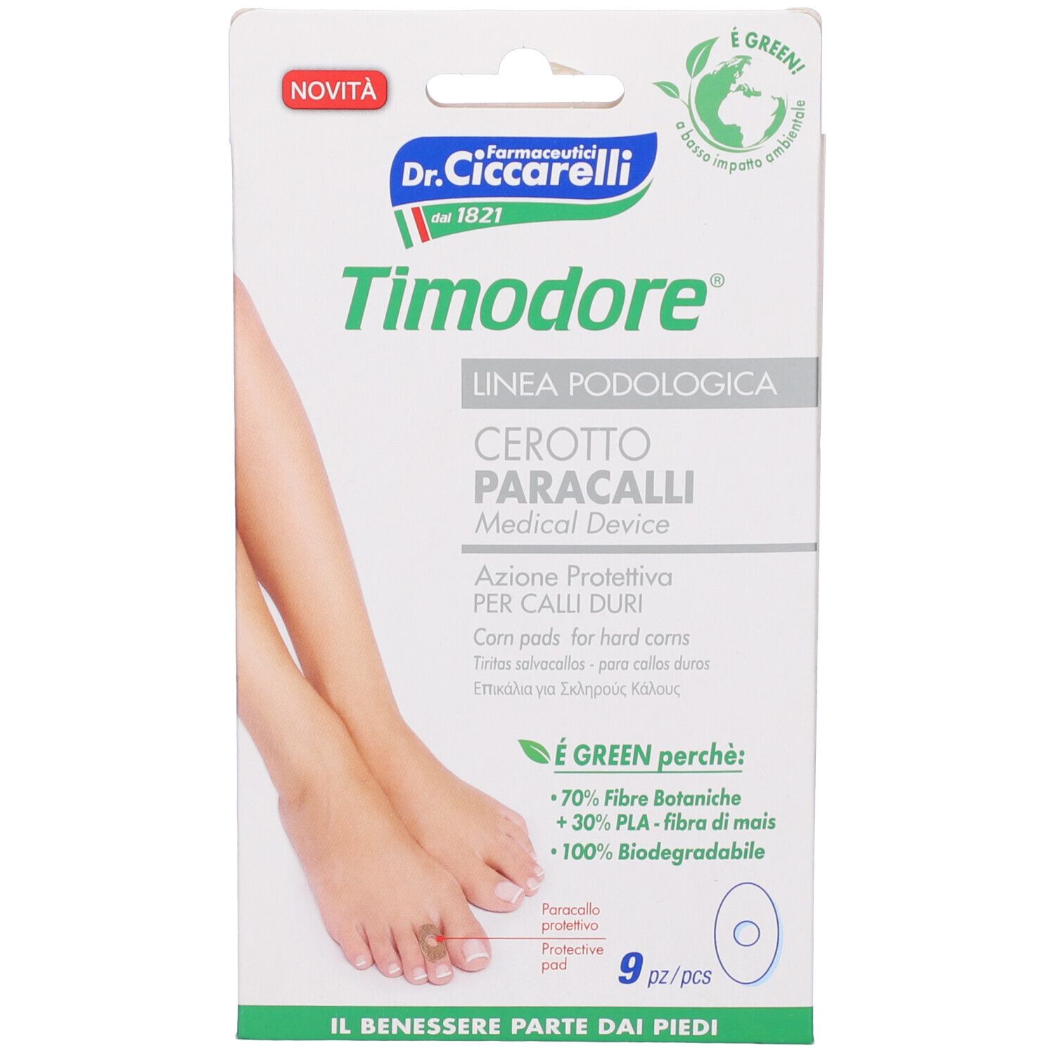 Confezione con immagine del piede e nome del prodotto. Contiene 9 cerotti per calli. Etichetta 'É GREEN'. Marchio: Dr. Ciccarelli.