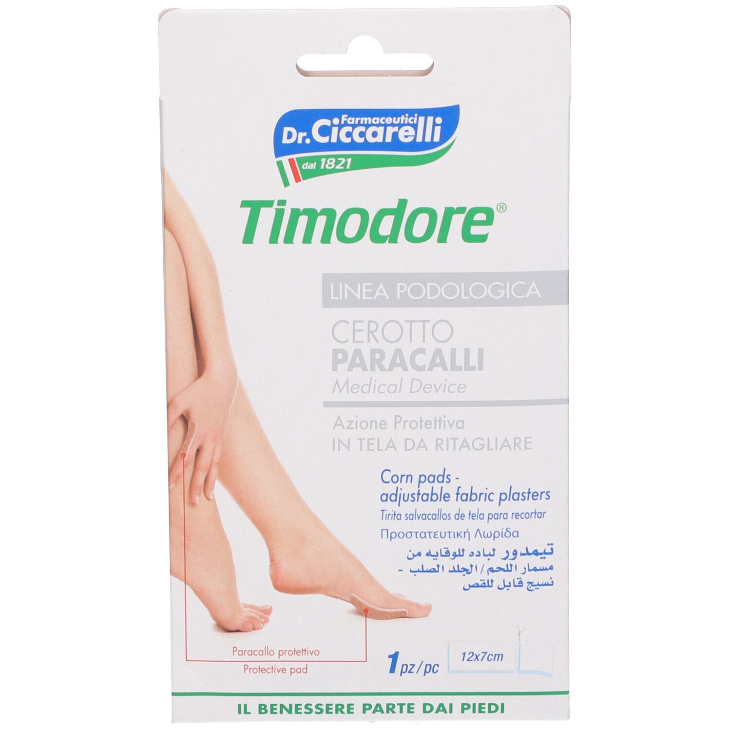 Confezione con immagine del piede. Testo: Timodore, Cerotto Paracalli, 1 pezzo, 12x7cm. Dispositivo medico.