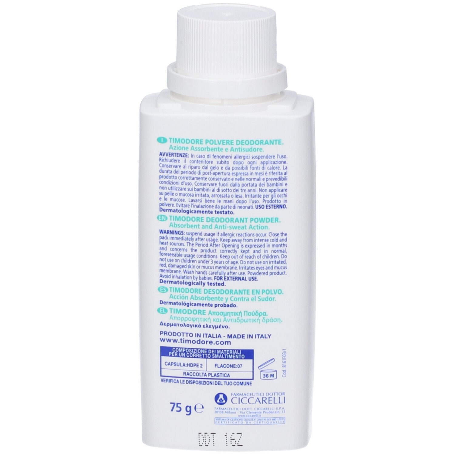 Retro del flacone Dr. Ciccarelli Timidore Polvere Deodorante con informazioni prodotto.