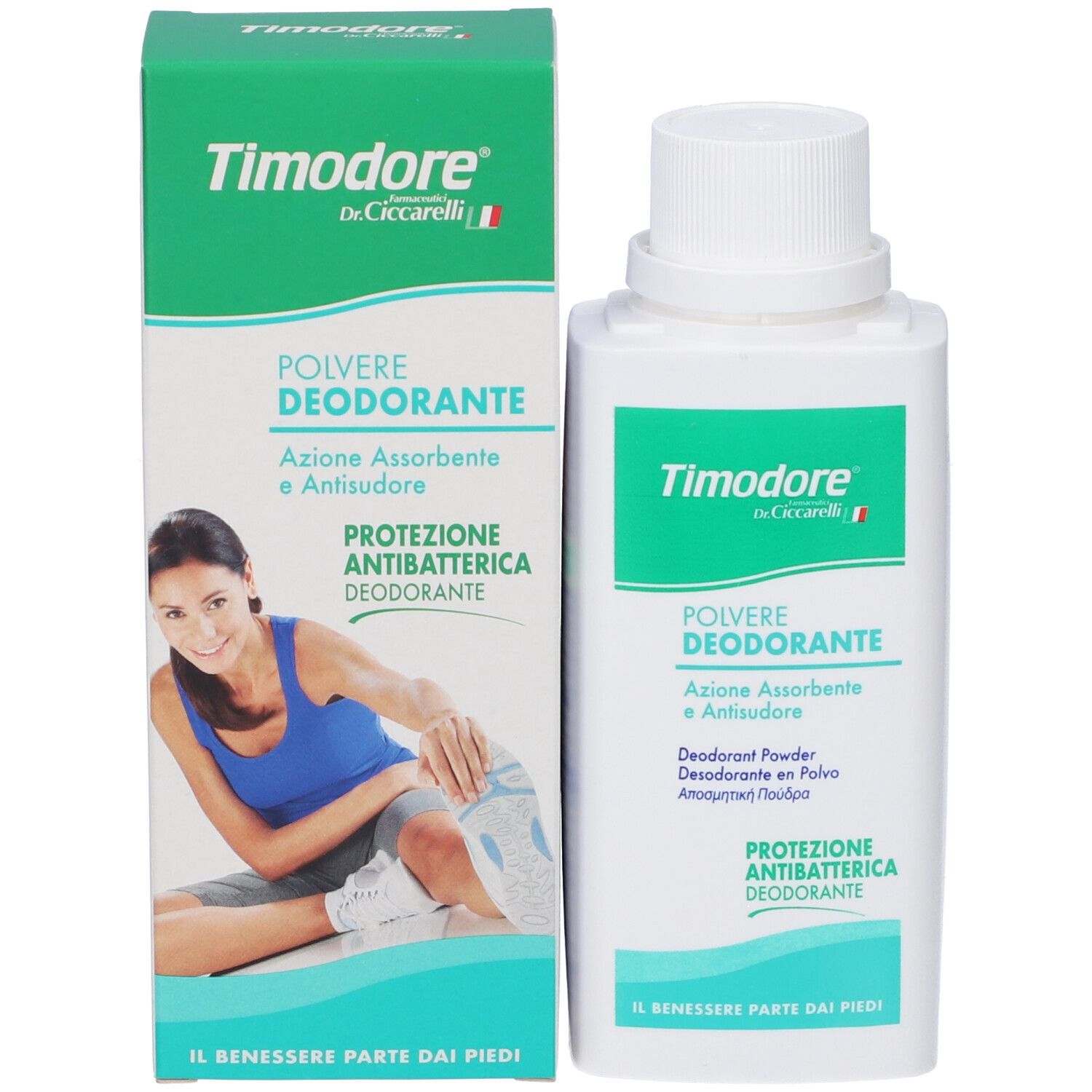 Confezione e flacone Dr. Ciccarelli Timidore Polvere Deodorante con donna sportiva.