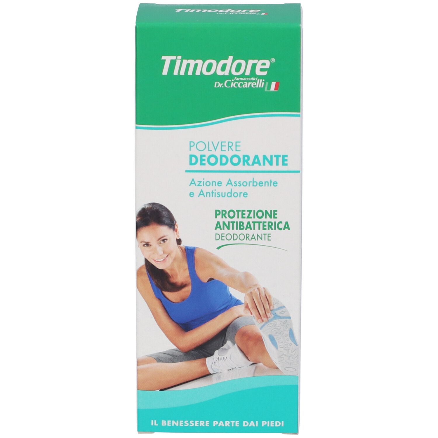 Fronte della confezione Dr. Ciccarelli Timidore Polvere Deodorante con donna sportiva.