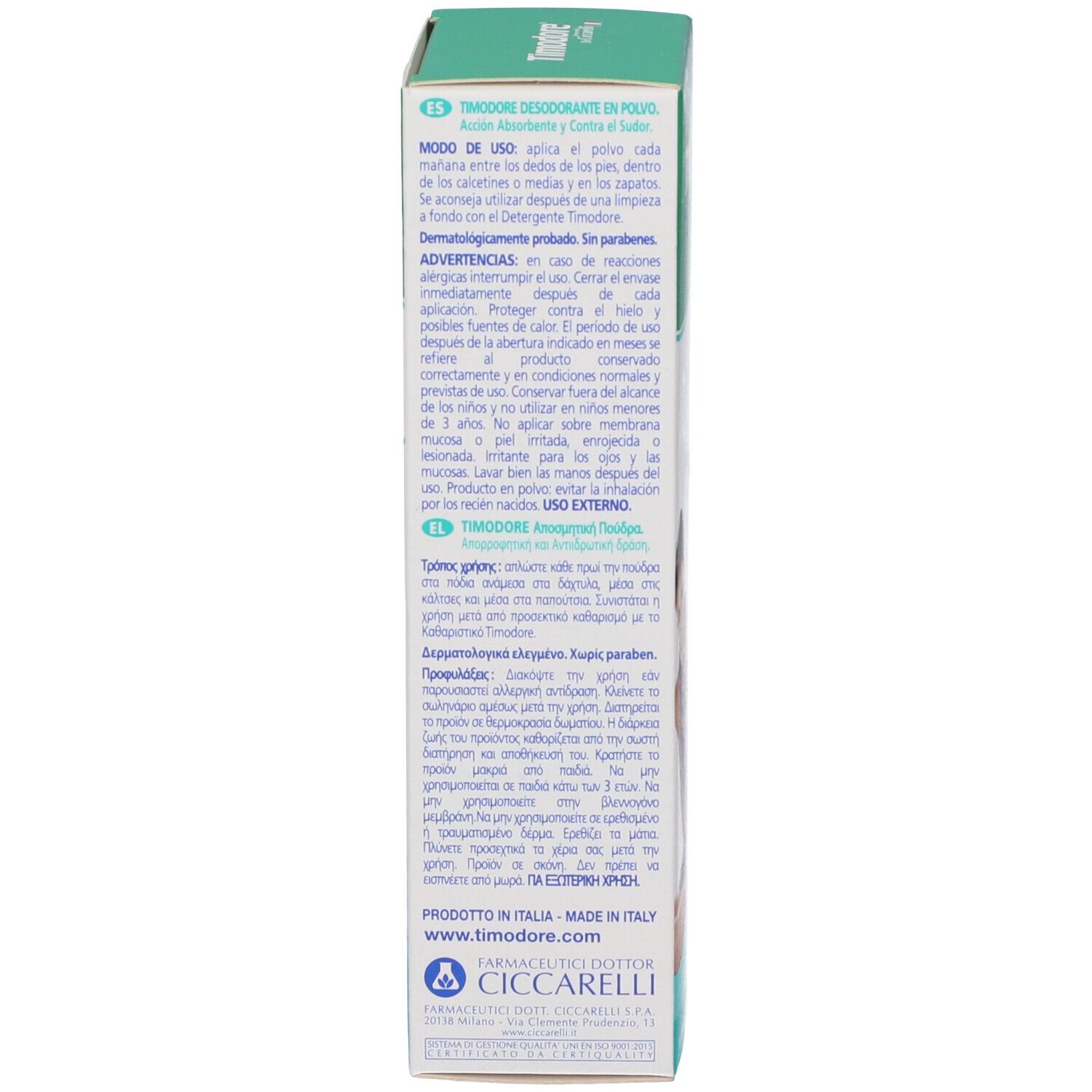 Lato della confezione Dr. Ciccarelli Timidore Polvere Deodorante con informazioni dettagliate.