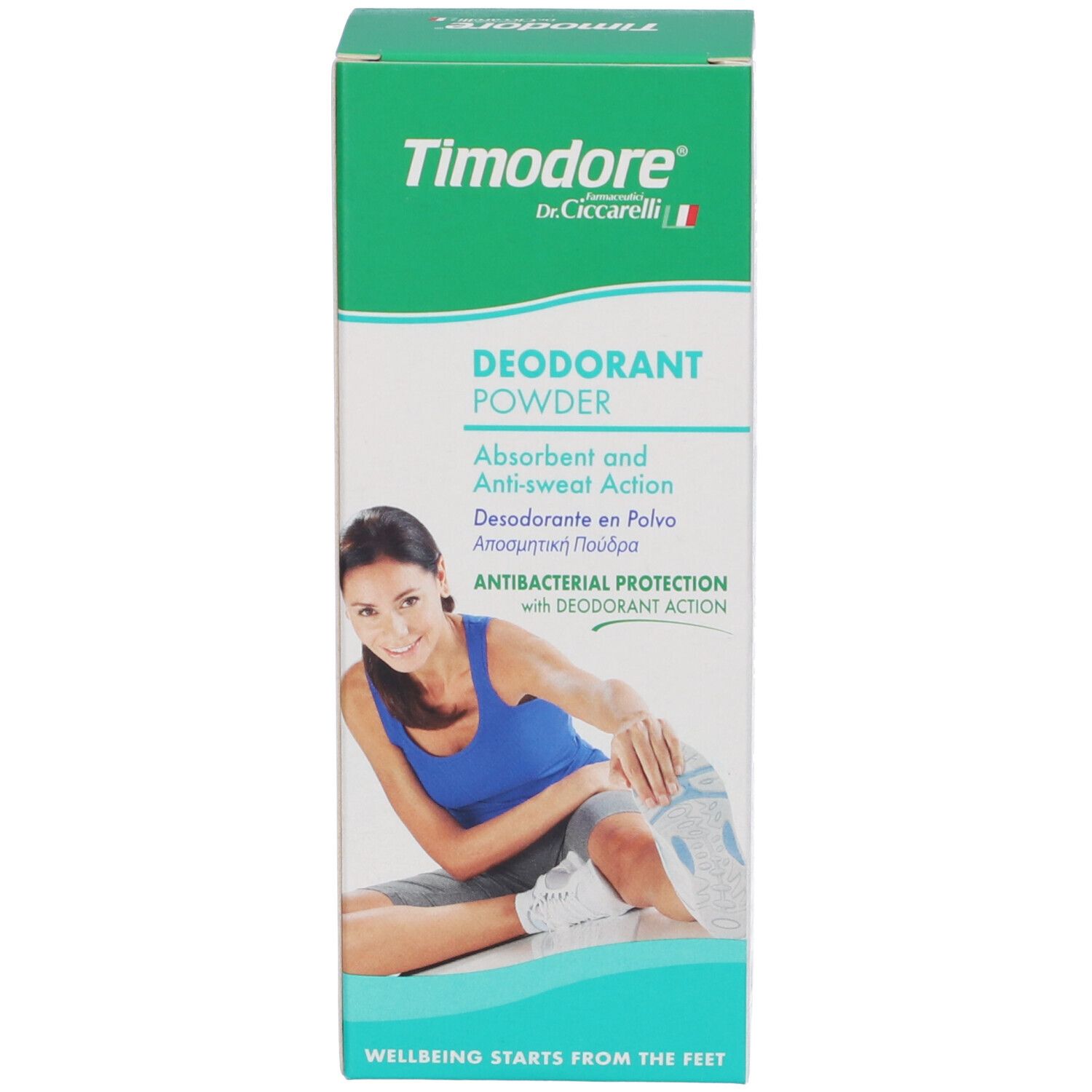 Lato della confezione Dr. Ciccarelli Timidore Polvere Deodorante con istruzioni d'uso.