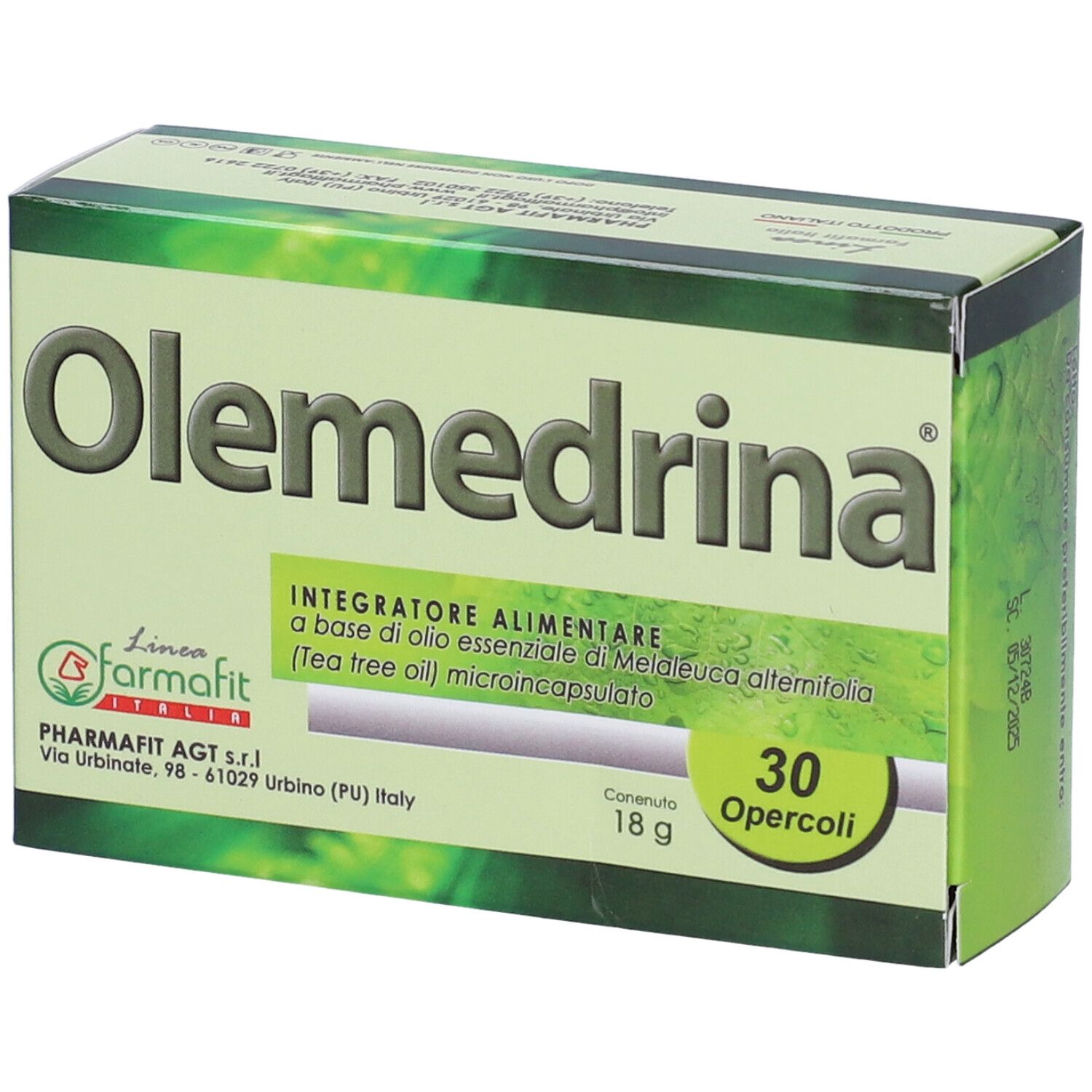 Scatola "Olemedrina" con 30 opercoli. Testo italiano. Logo Farmafit. Colori verde e bianco.