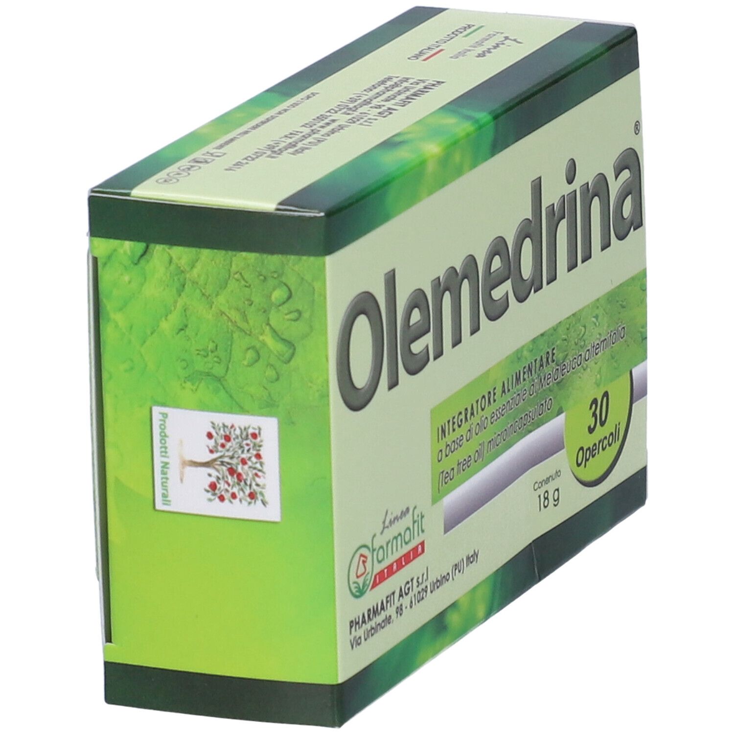 Scatola "Olemedrina" con 30 opercoli. Testo italiano. Logo Farmafit. Colori verde e bianco.