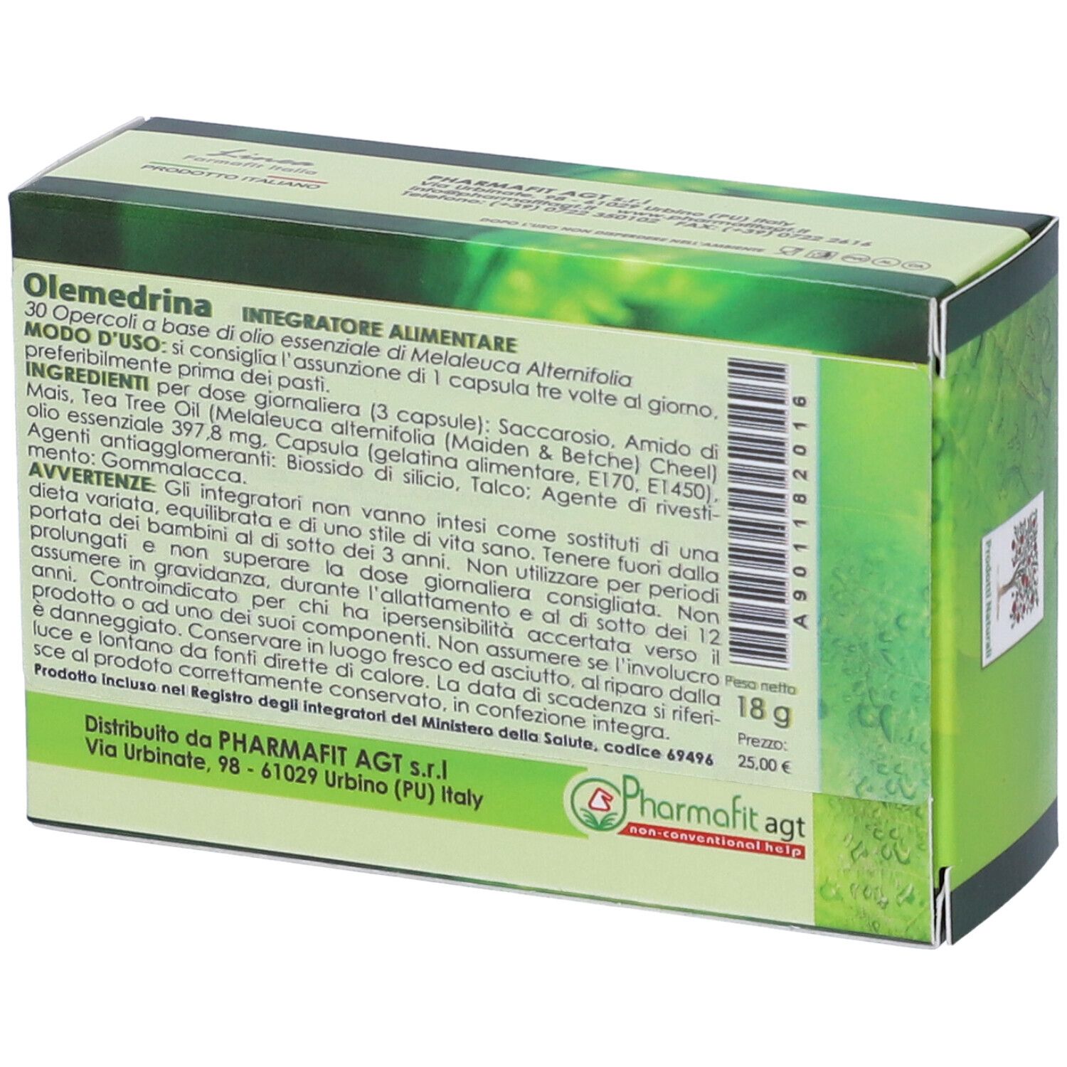 Retro della scatola "Olemedrina". Testo italiano. Contiene informazioni sugli ingredienti e avvertenze.