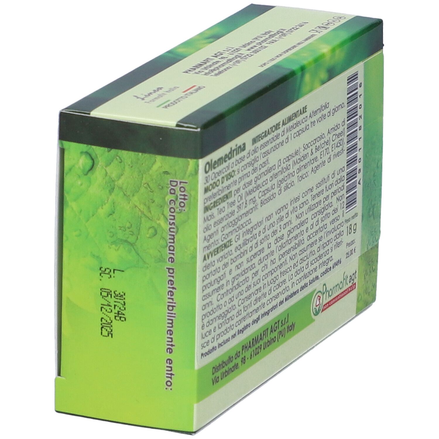 Retro della scatola "Olemedrina". Testo italiano. Contiene informazioni sugli ingredienti e avvertenze.
