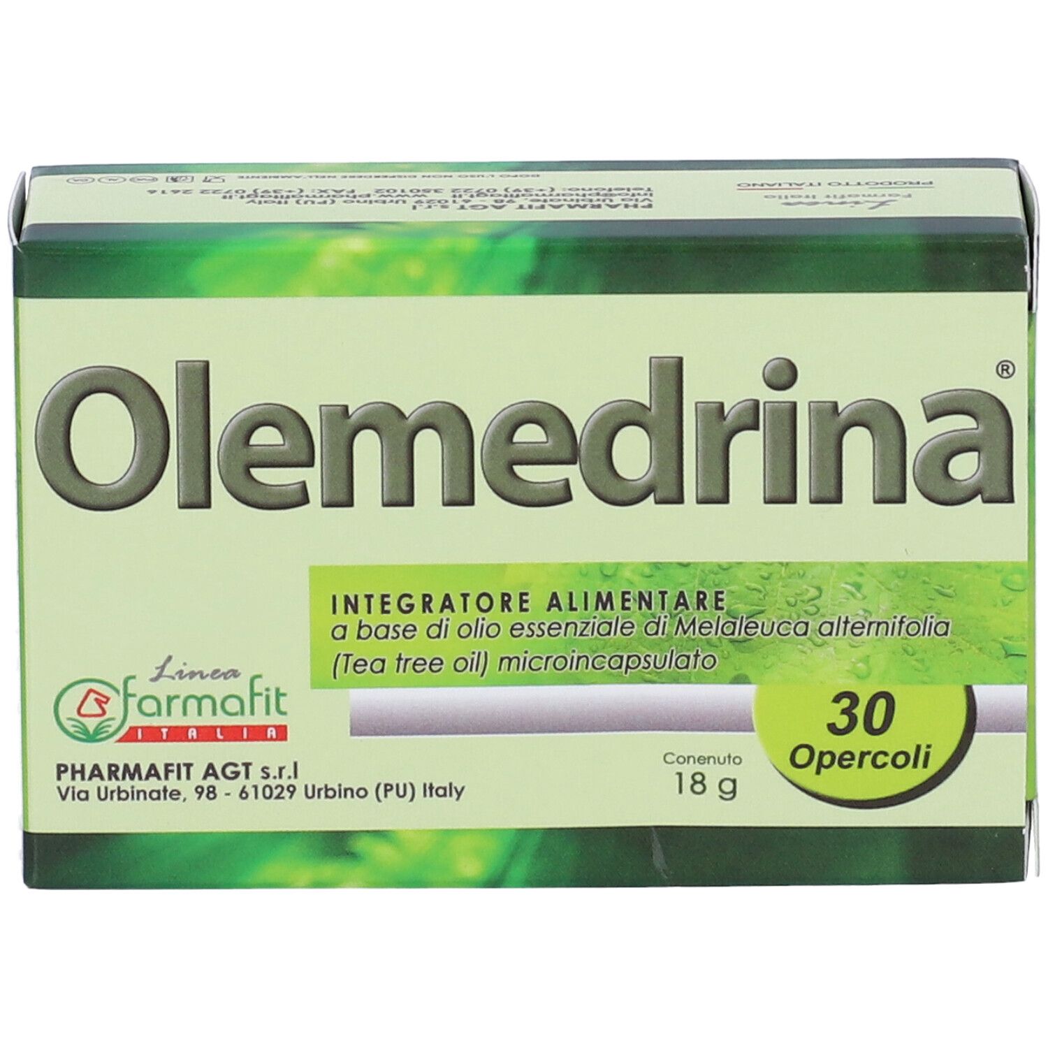 Scatola "Olemedrina" con 30 opercoli. Testo italiano. Logo Farmafit. Colori verde e bianco.