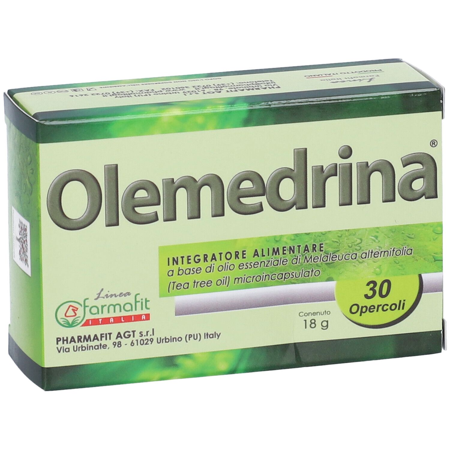 Scatola "Olemedrina" con 30 opercoli. Testo italiano. Logo Farmafit. Colori verde e bianco.