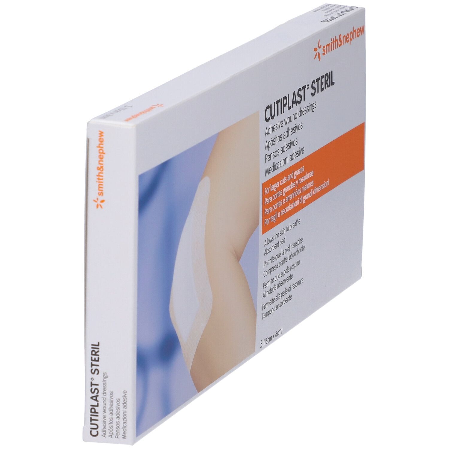 Vista obliqua della confezione Cutiplast Steril, Smith & Nephew. Scritte e illustrazione.