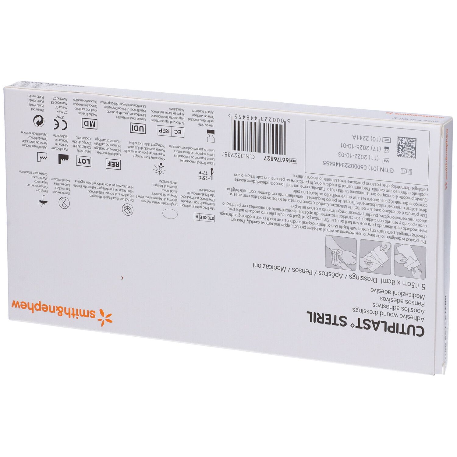 Retro della confezione Cutiplast Steril, Smith & Nephew. Informazioni, codice a barre, certificazioni.