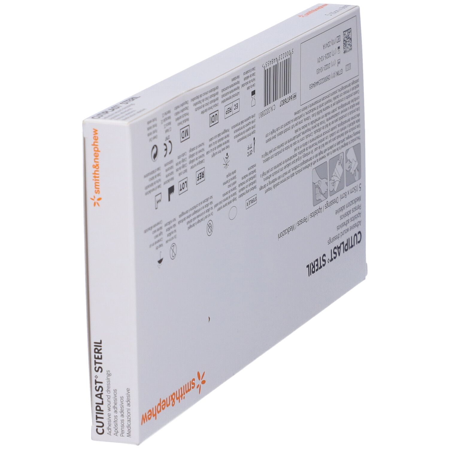 Vista obliqua del retro della confezione Cutiplast Steril, Smith & Nephew. Informazioni.