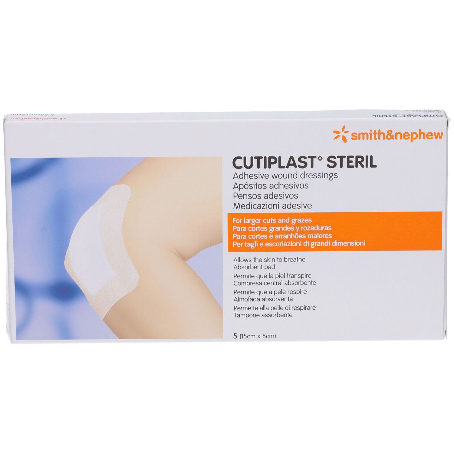 Confezione di medicazioni adesive Cutiplast Steril, Smith & Nephew. Illustrazione. 5 pezzi, 15x38 cm.