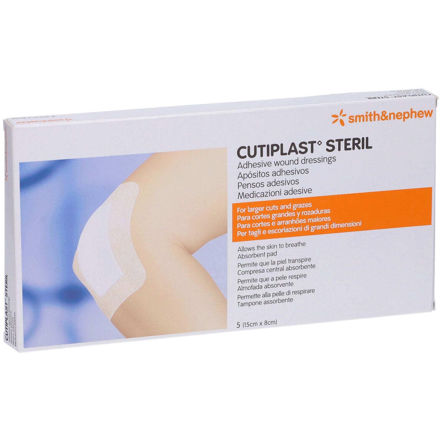 Confezione di medicazioni adesive Cutiplast Steril, Smith & Nephew. Illustrazione. 5 pezzi, 15x38 cm.