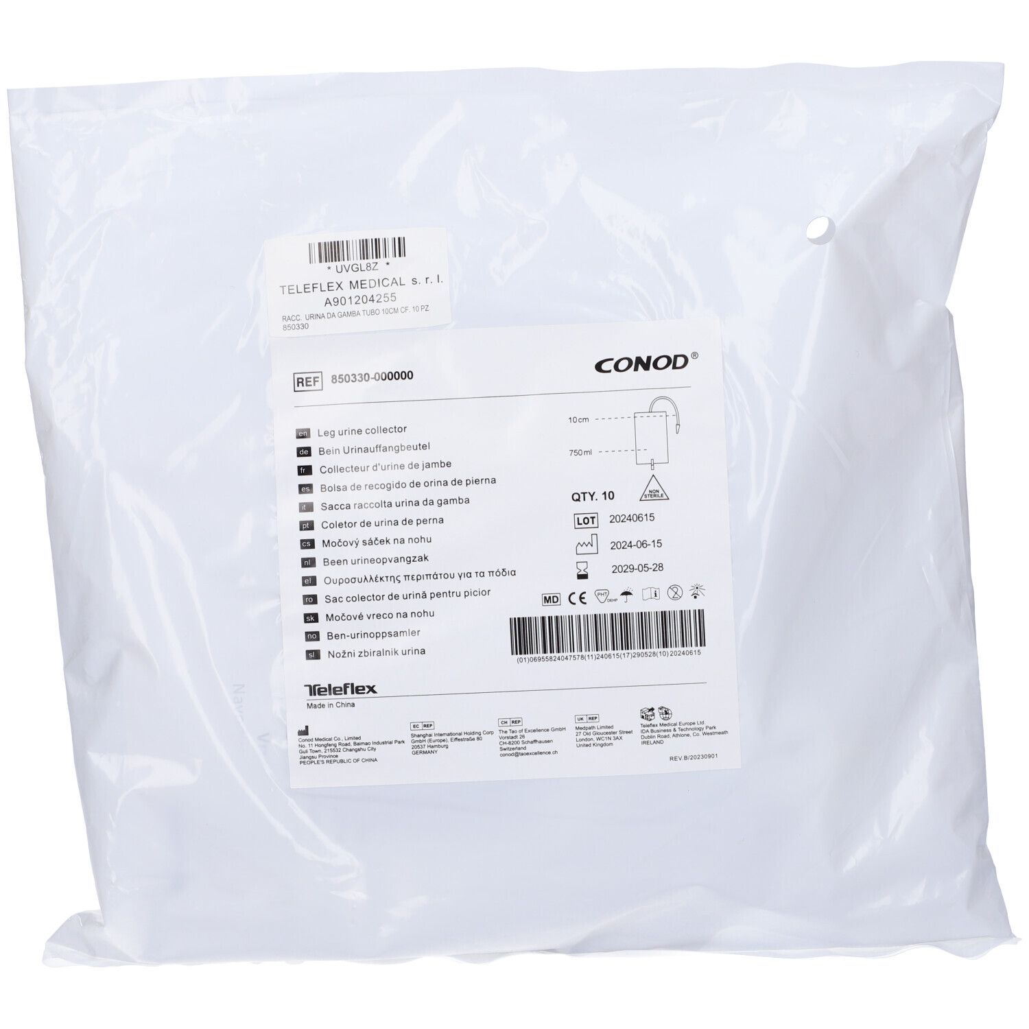 Sacca Raccogli Urina Da Gamba 750ml Tubo Raccordo 10 Cm + Rubinetto Scarico + Valvola Antireflusso + 2 Fasce A Bottoni 10 Pezzi