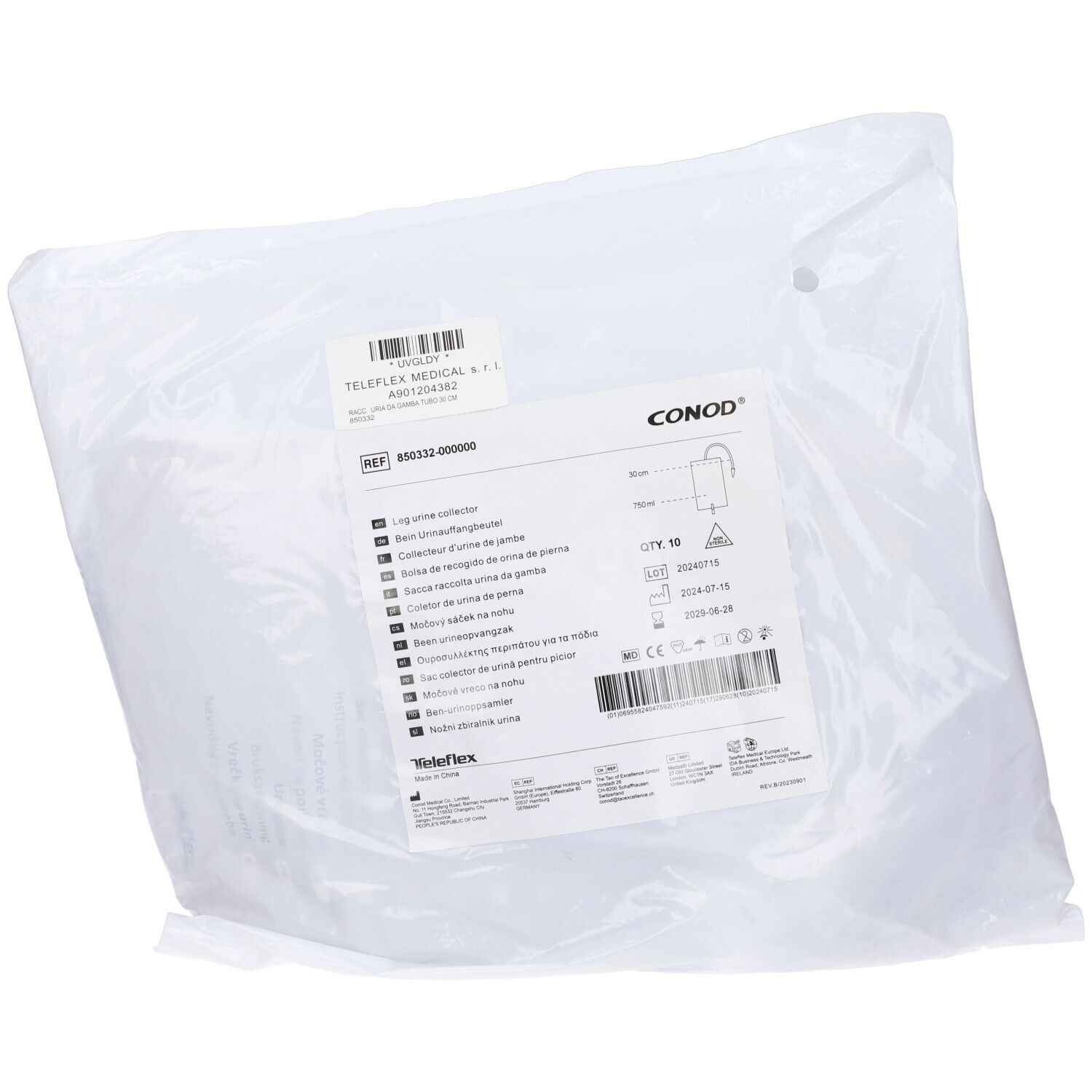 Sacca Raccogli Urina Da Gamba Per Incontinenza In Pvc 750 Ml Tubo Raccordo Diritto 30 Cm+Rubinetto Scarico+Valvola Antireflusso+2 Fasce A Bottoni 10 Pezzi