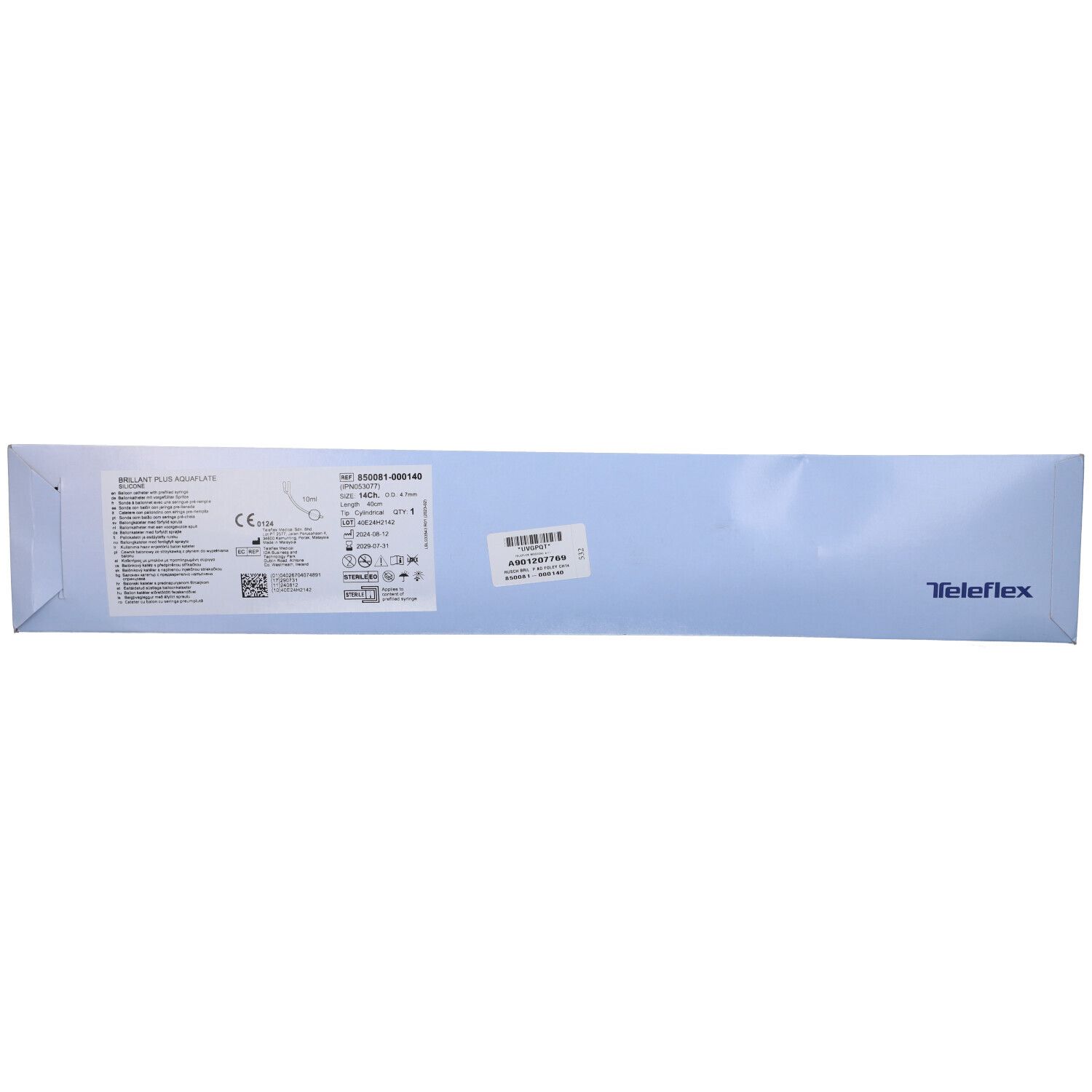 Confezione del catetere. Blu, rettangolare. Testo e codice a barre. Marchio Teleflex.