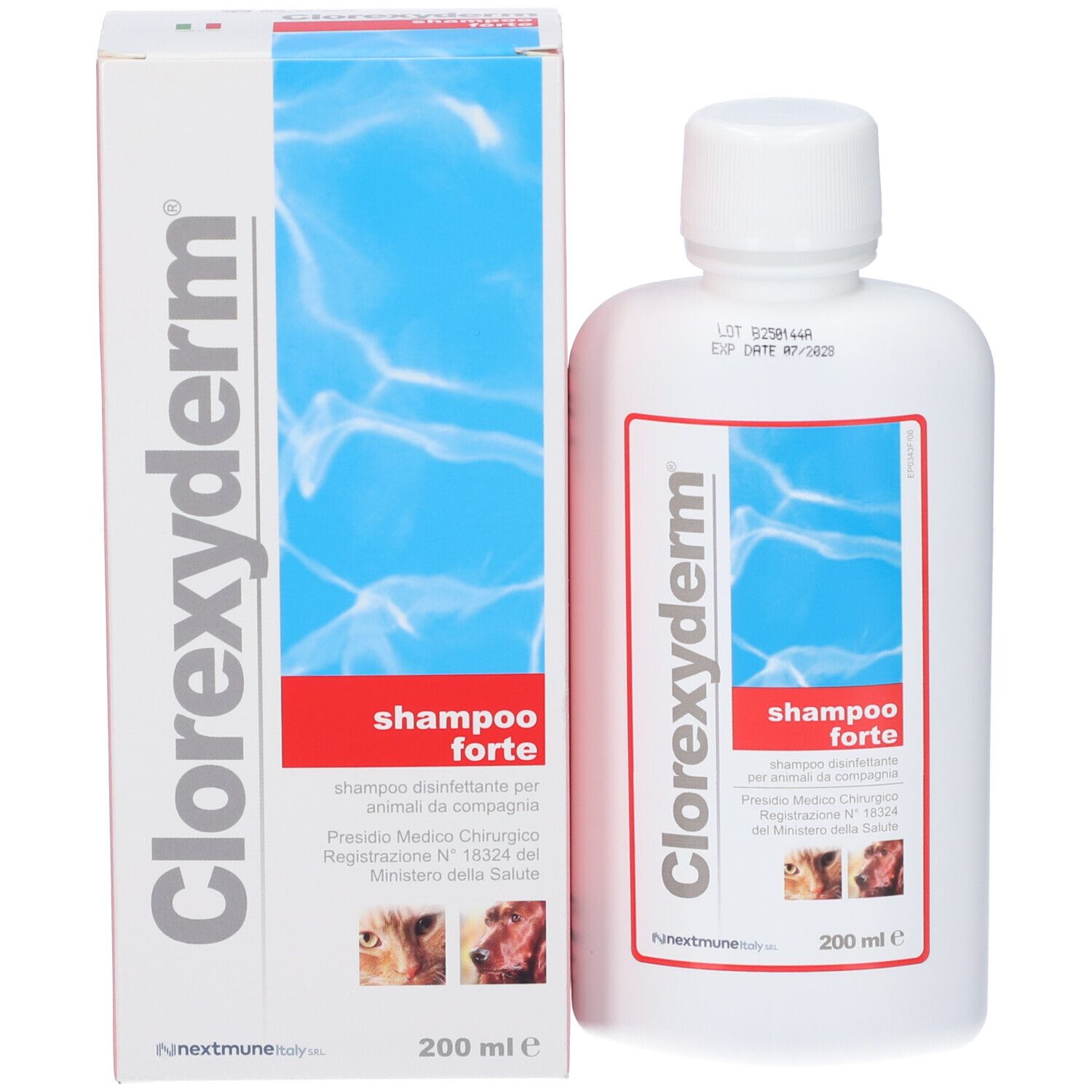 Flacone e scatola Clorexyderm Shampoo Forte affiancati.