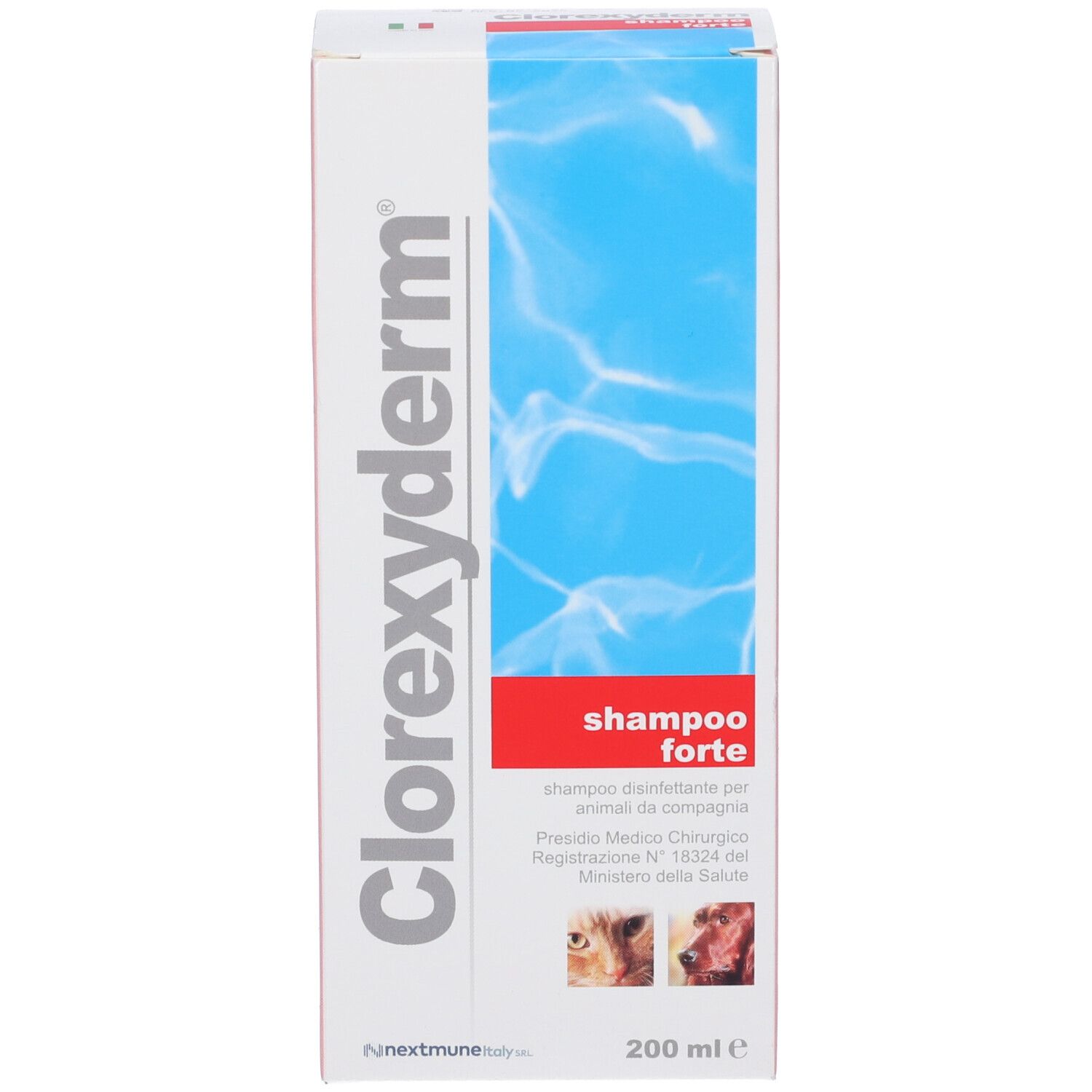 Fronte della scatola Clorexyderm Shampoo Forte.