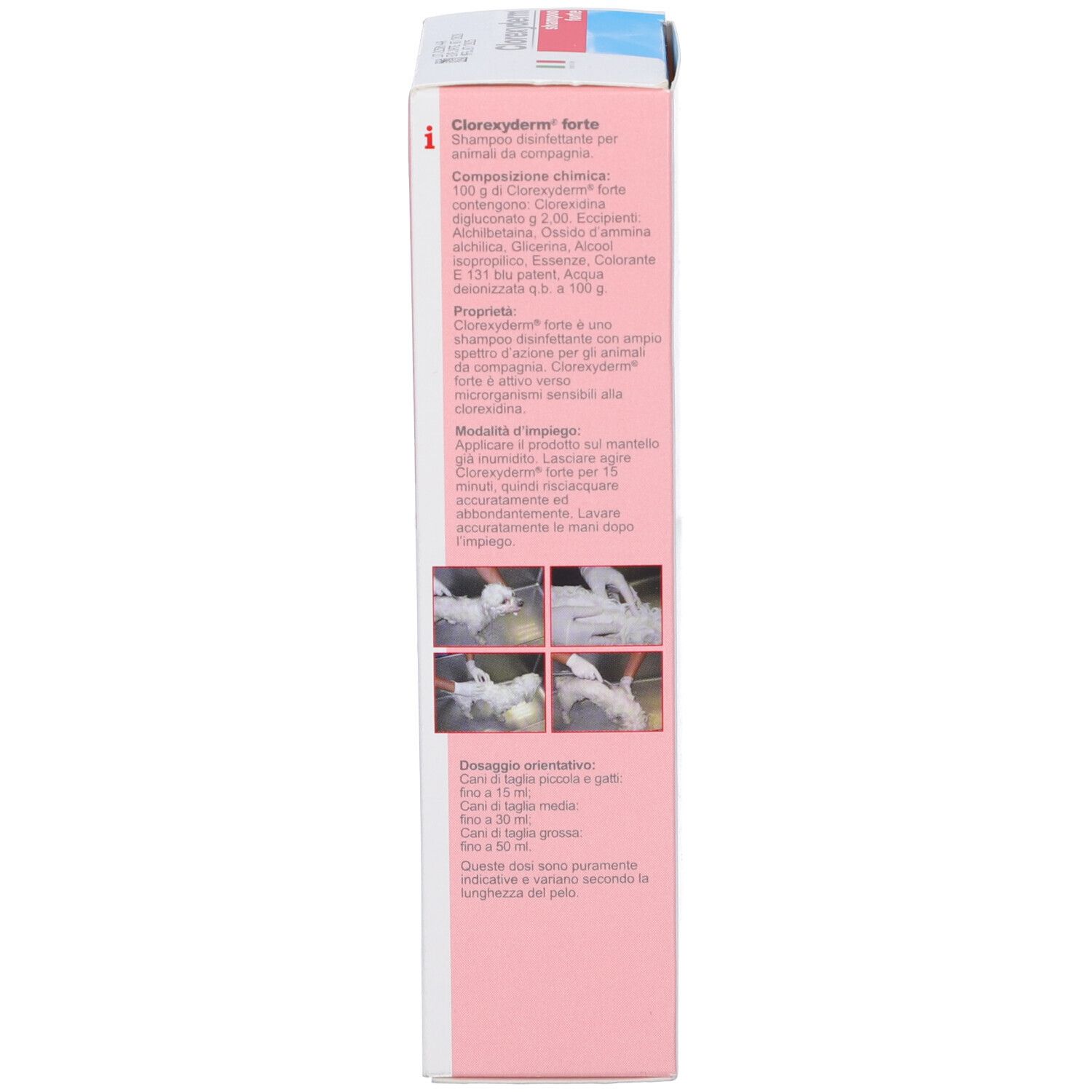Lato della scatola Clorexyderm Shampoo Forte con istruzioni per l'uso.
