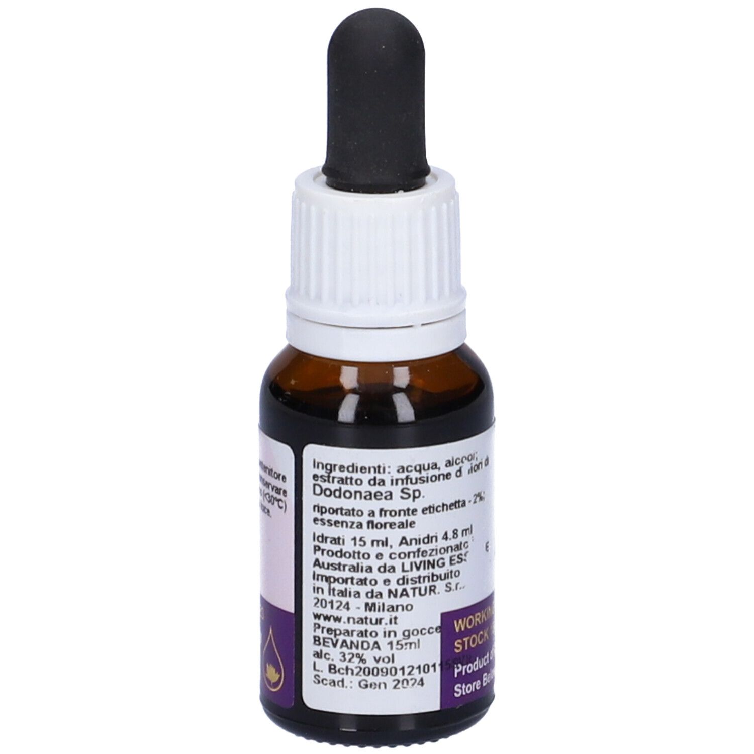 Flacone di vetro marrone con contagocce. Etichetta con testo. Scritta: "Lavanda Sp".