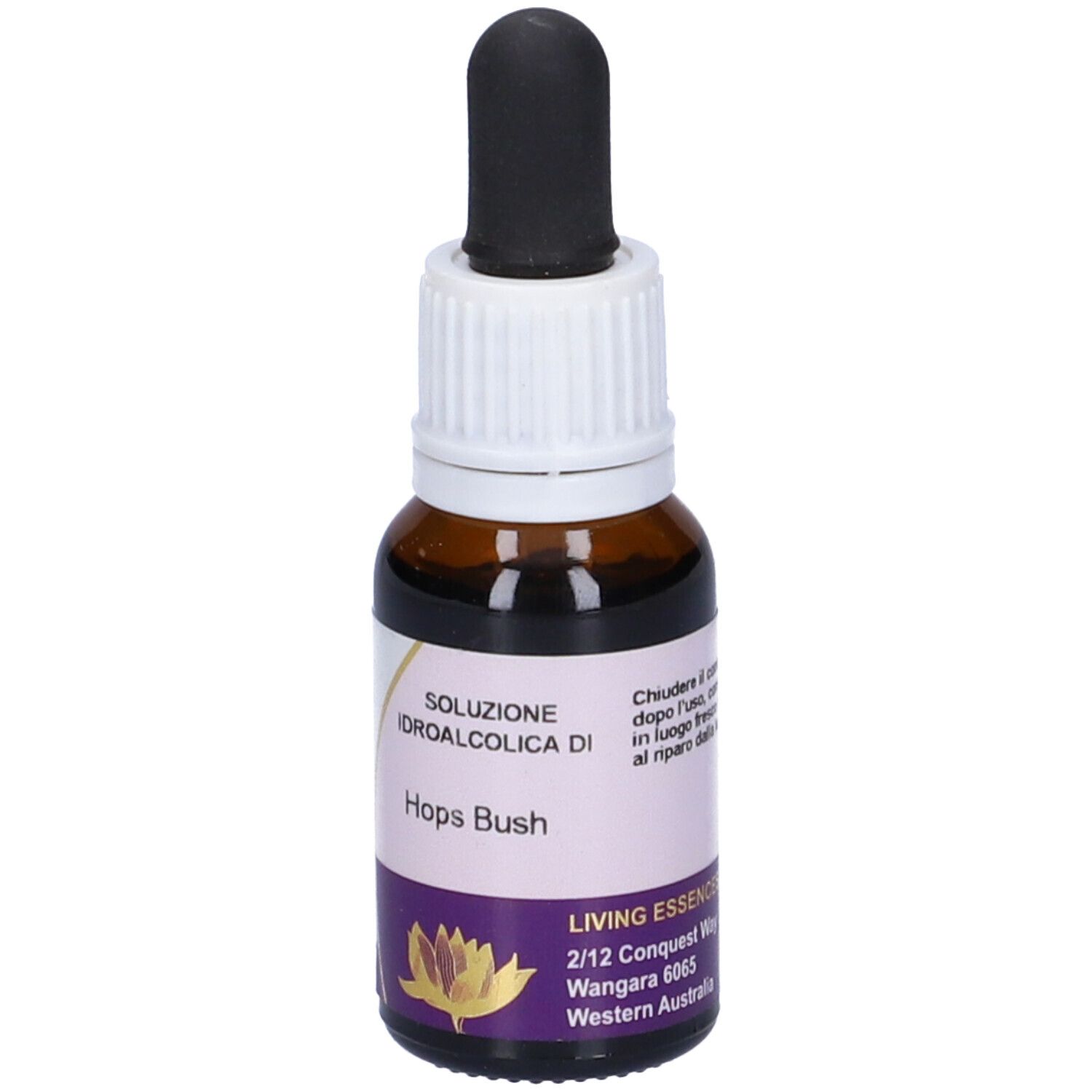 Flacone di vetro marrone con contagocce. L'etichetta riporta "Hops Bush".