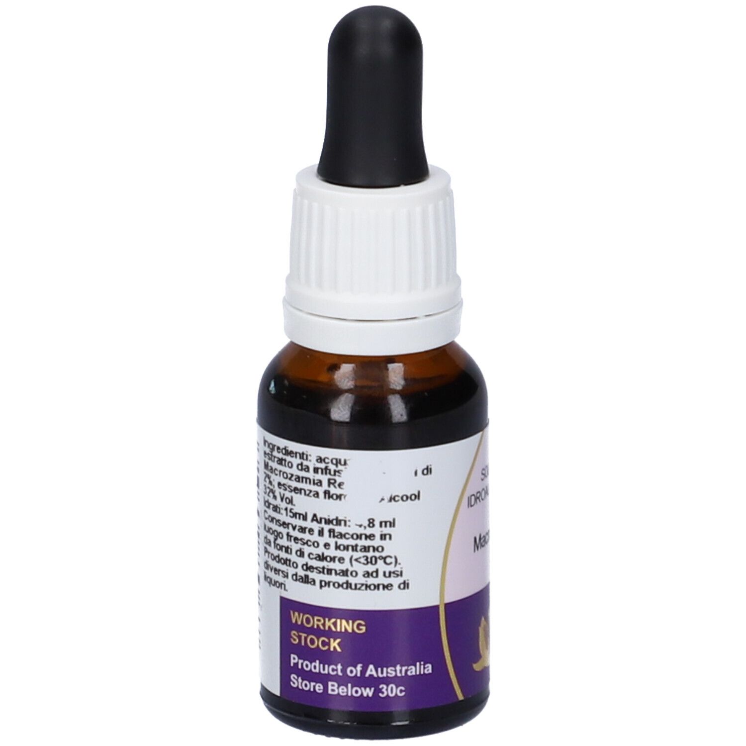 Flacone di vetro marrone con contagocce. Scritta: Working Stock 15ml. Prodotto in Australia. Etichetta viola.