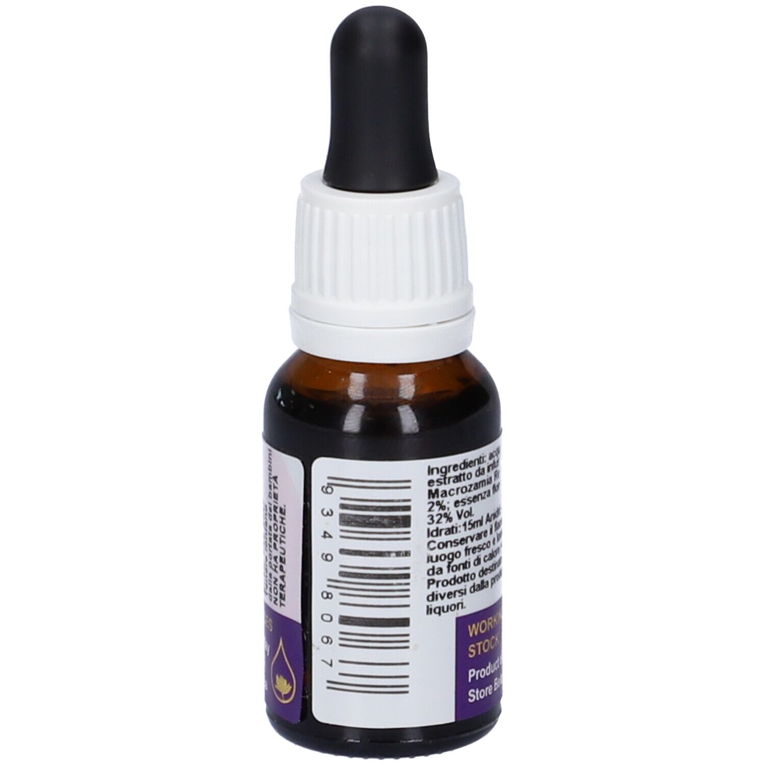 Flacone di vetro marrone con contagocce. Scritta: Macrozamia Reidler. Ingredienti e scadenza sull'etichetta.
