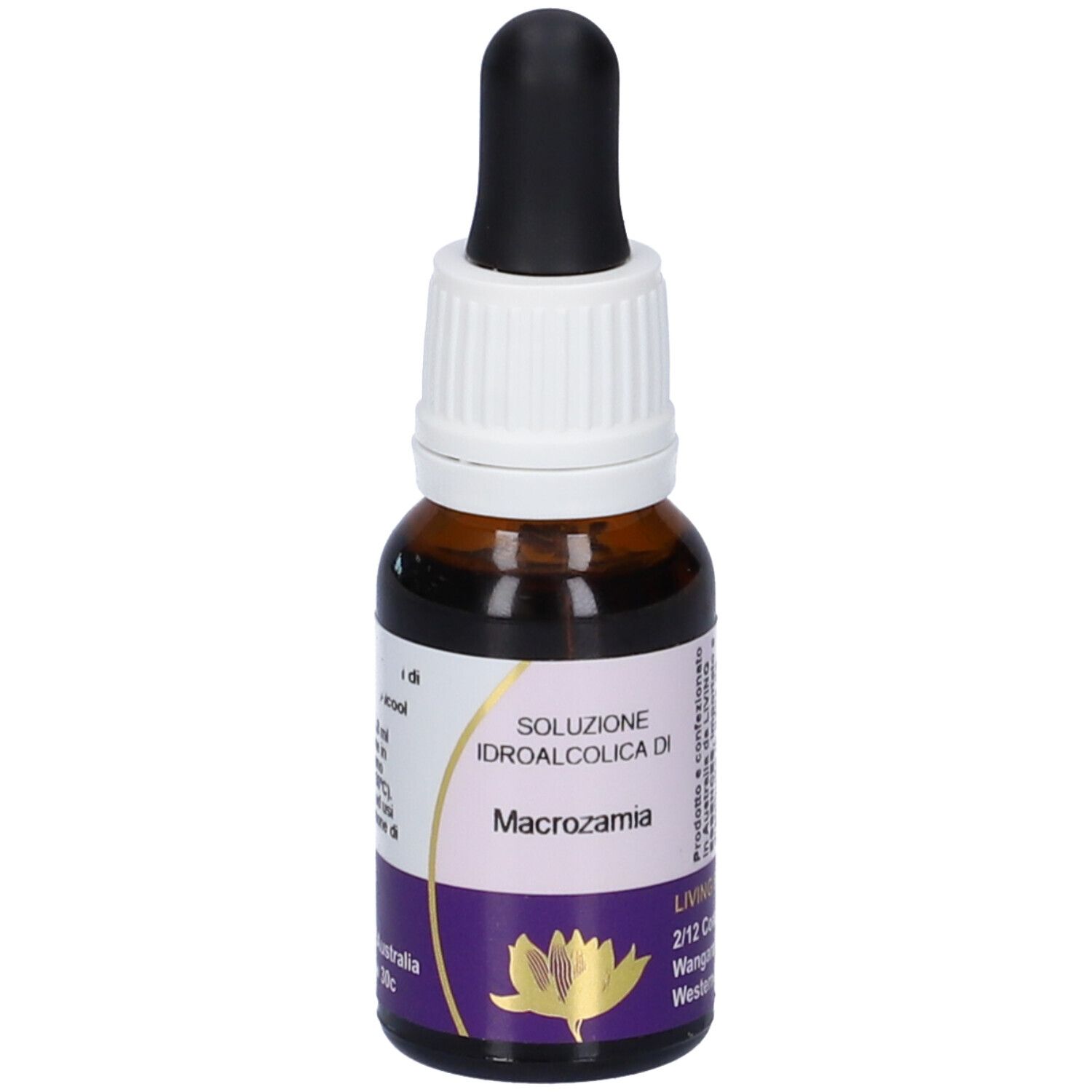 Flacone di vetro marrone con contagocce. Scritta: Soluzione Idroalcolica di Macrozamia. Etichetta viola con fiore di loto.