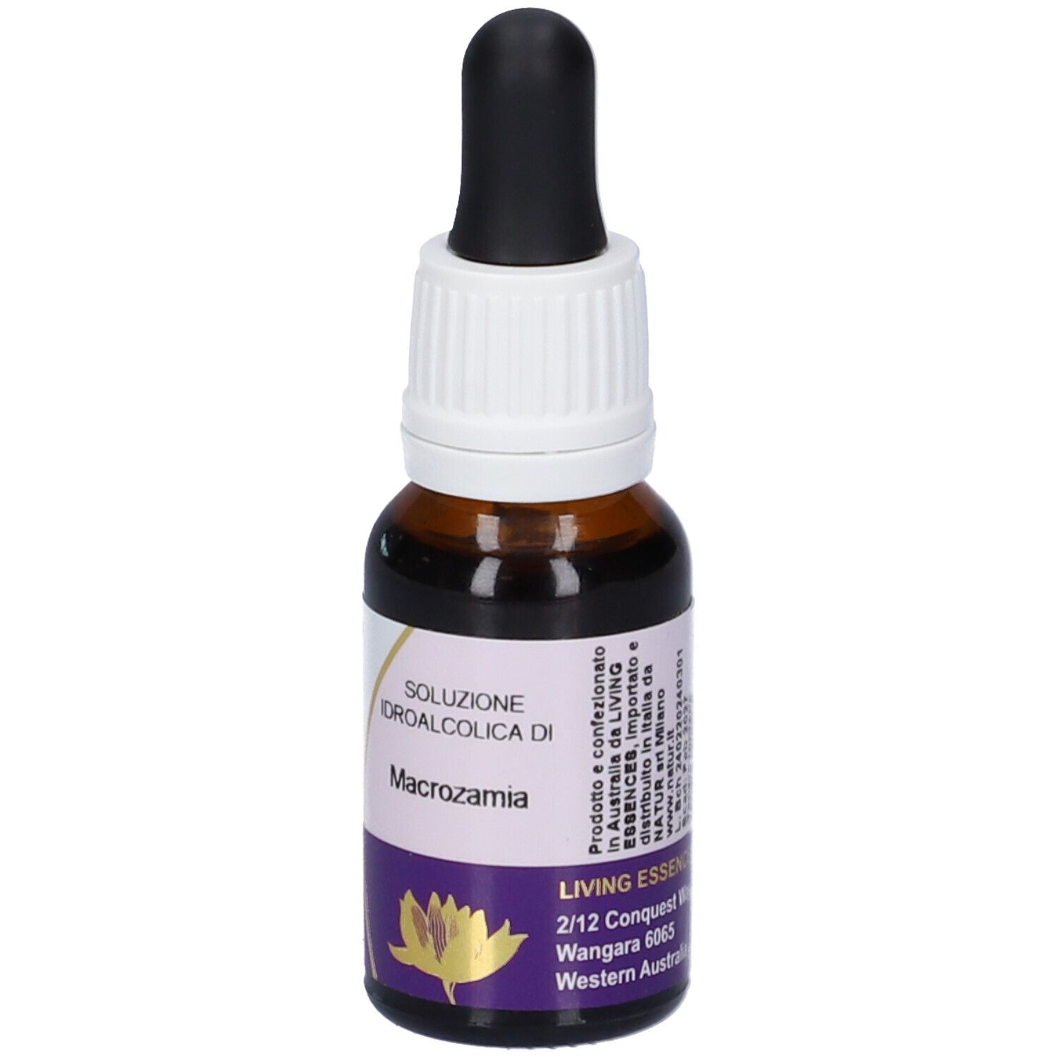 Flacone di vetro marrone con contagocce. Scritta: Soluzione Idroalcolica di Macrozamia. Etichetta viola con indirizzo.