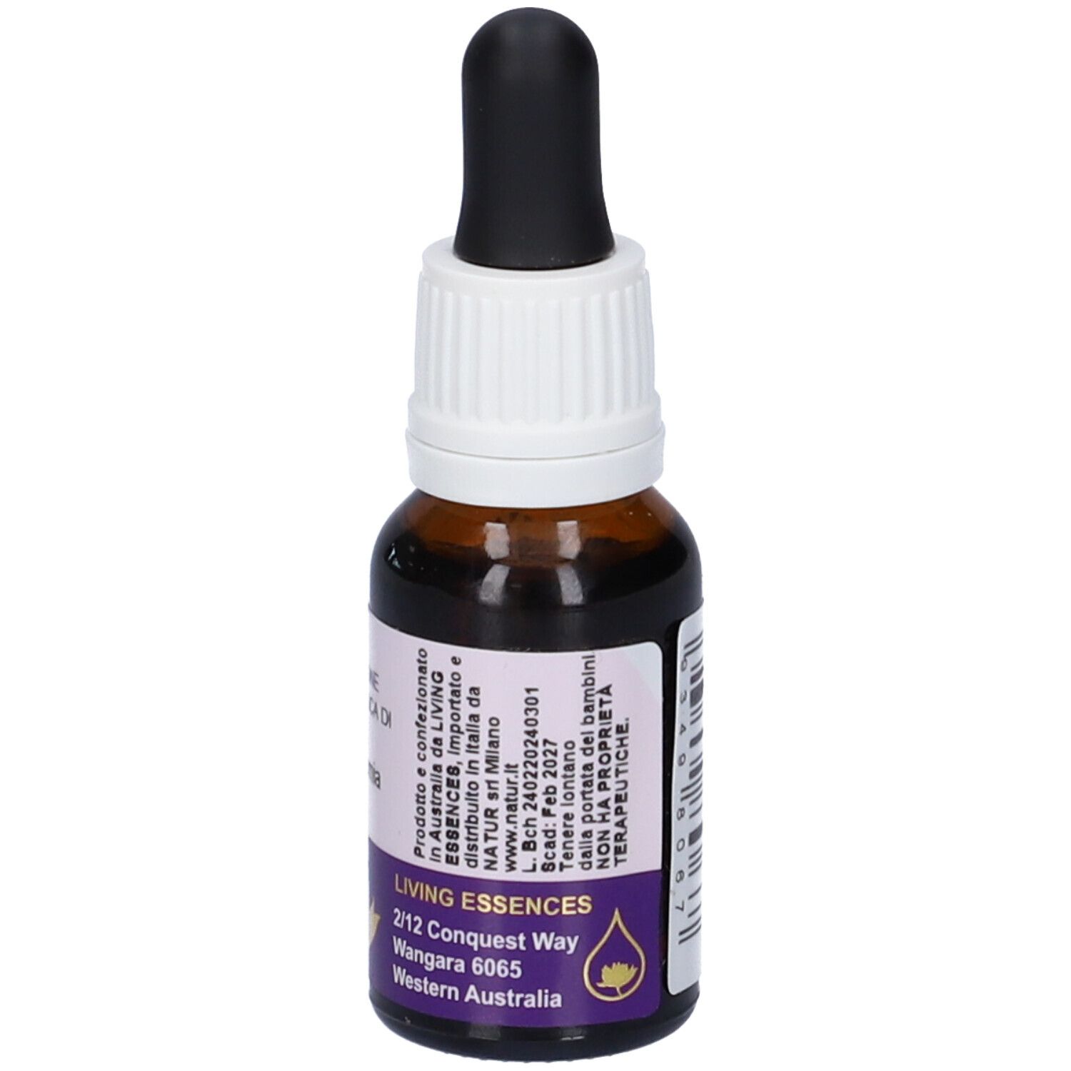 Flacone di vetro marrone con contagocce. Scritta: Soluzione Idroalcolica di Macrozamia. Etichetta viola con indirizzo.
