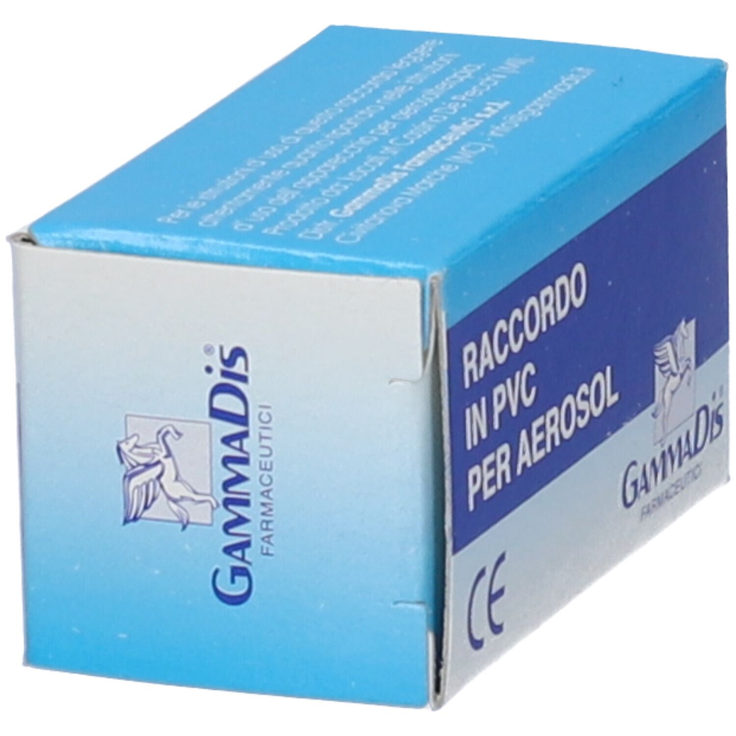 Scatola blu e bianca con testo: Raccordo in PVC per Aerosol. Marchio: GammaDis. Marchio CE.