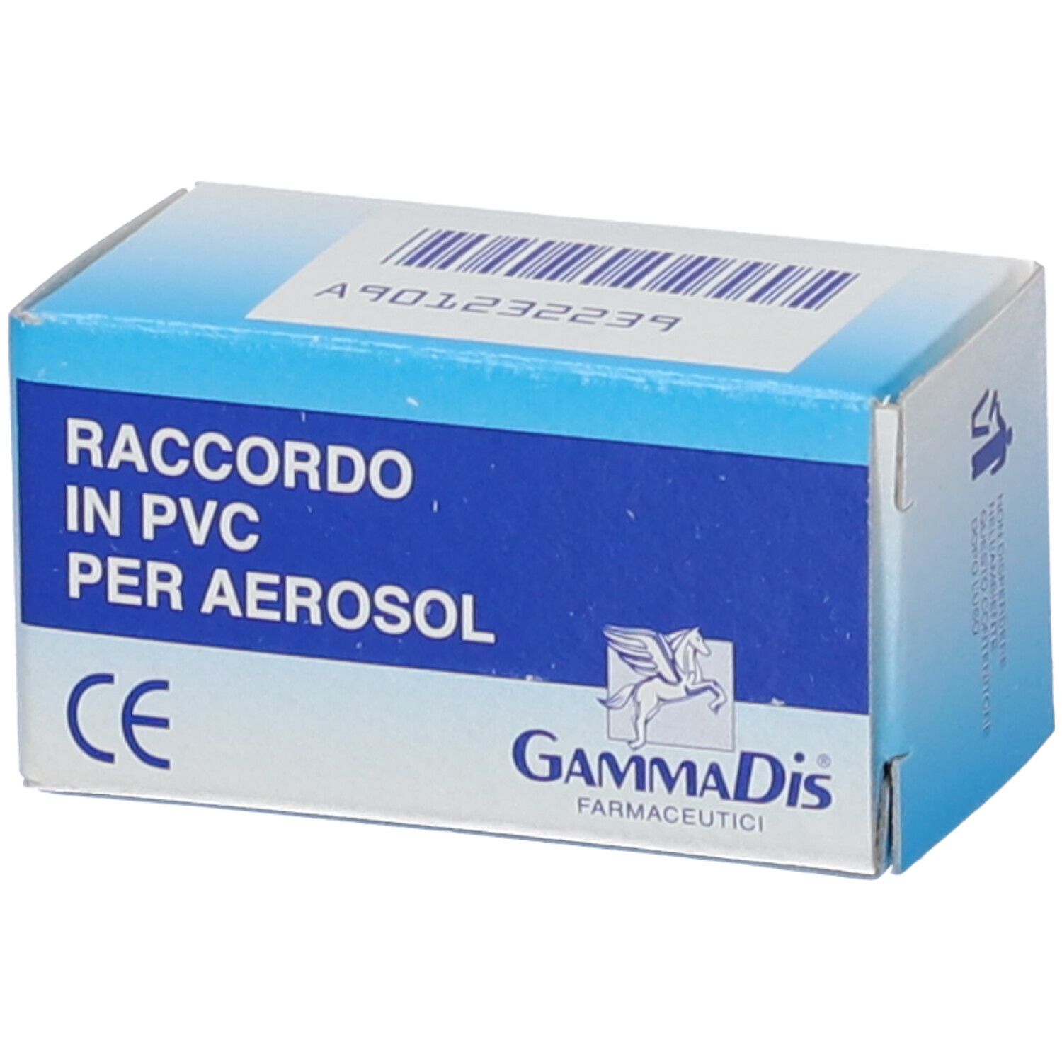 Scatola blu e bianca con testo: Raccordo in PVC per Aerosol. Marchio: GammaDis. Marchio CE.