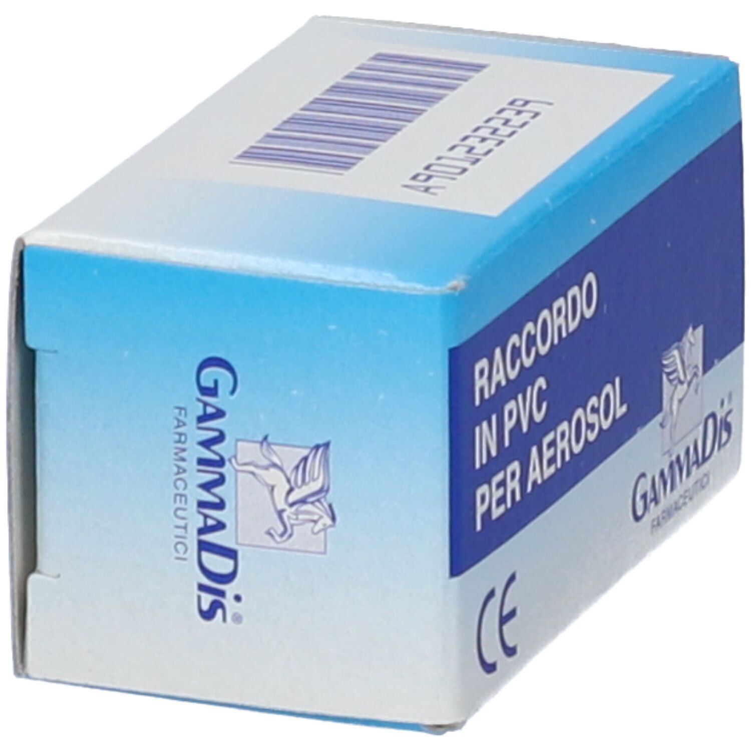 Scatola blu e bianca con testo: Raccordo in PVC per Aerosol. Marchio: GammaDis. Marchio CE.