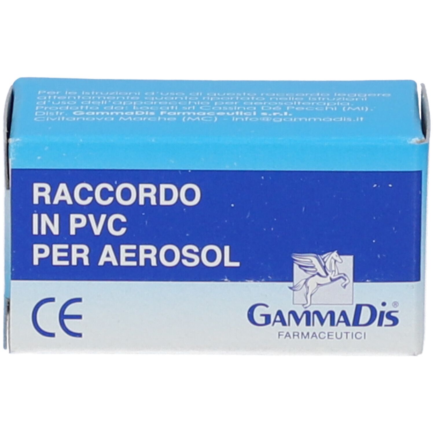 Scatola blu e bianca con testo: Raccordo in PVC per Aerosol. Marchio: GammaDis. Marchio CE.