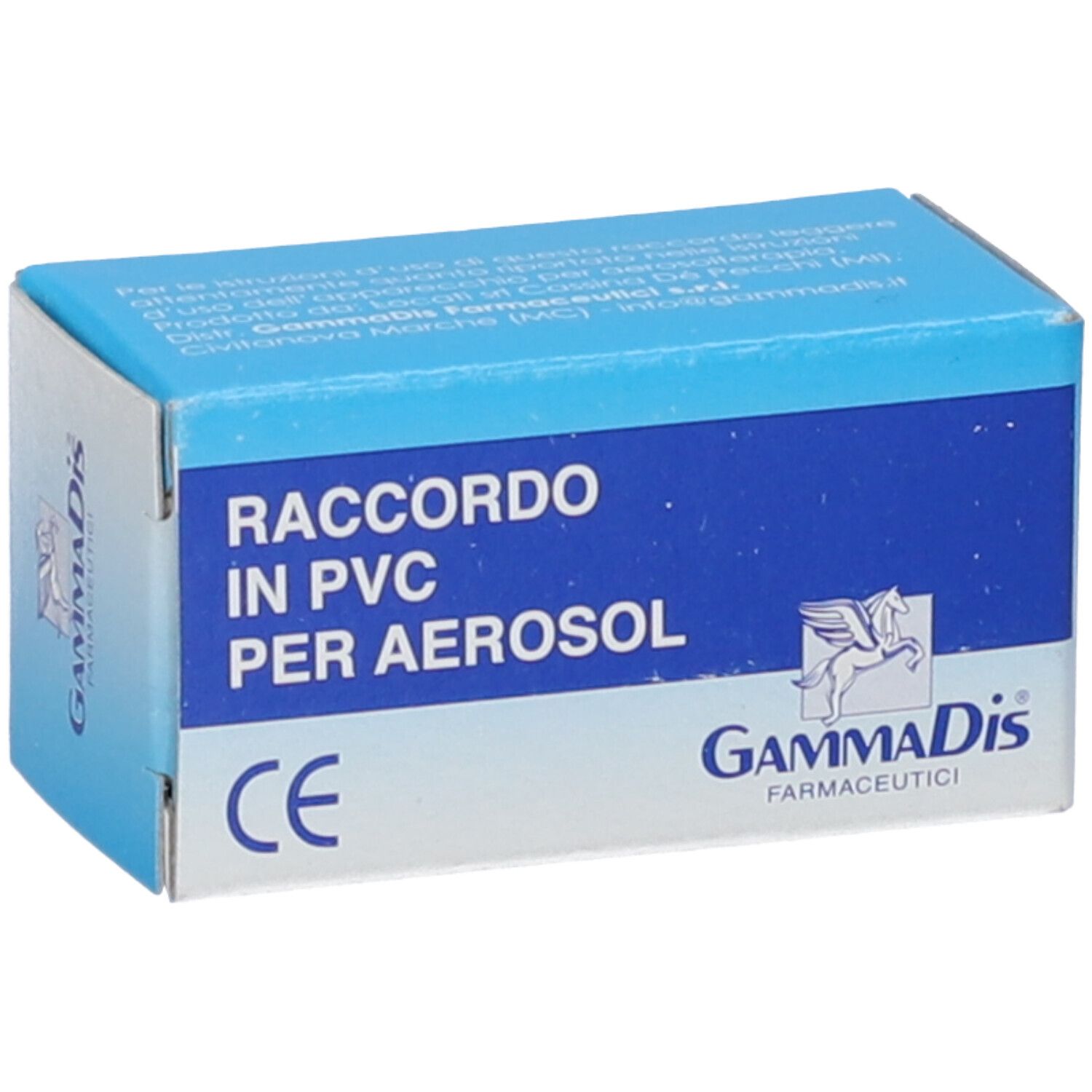 Scatola blu e bianca con testo: Raccordo in PVC per Aerosol. Marchio: GammaDis. Marchio CE.
