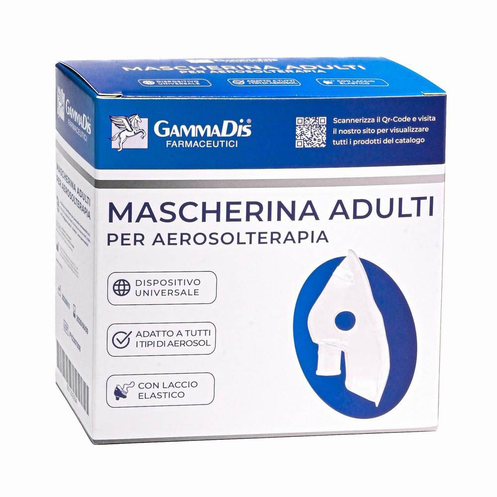 Confezione per Mascherina Adulti. Scatola blu con immagine e testo. Marchio GammaDis.