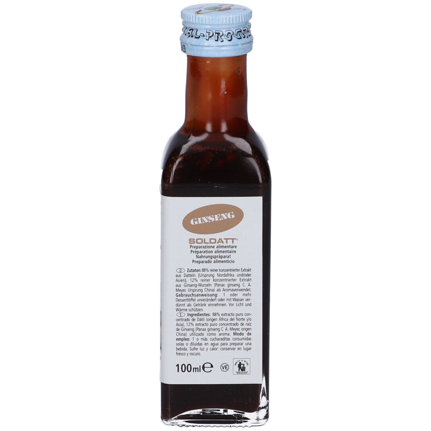 Bottiglia di vetro marrone con tappo blu. Scritte GINSENG e SOLDATT. Testo sull'etichetta. 100ml.