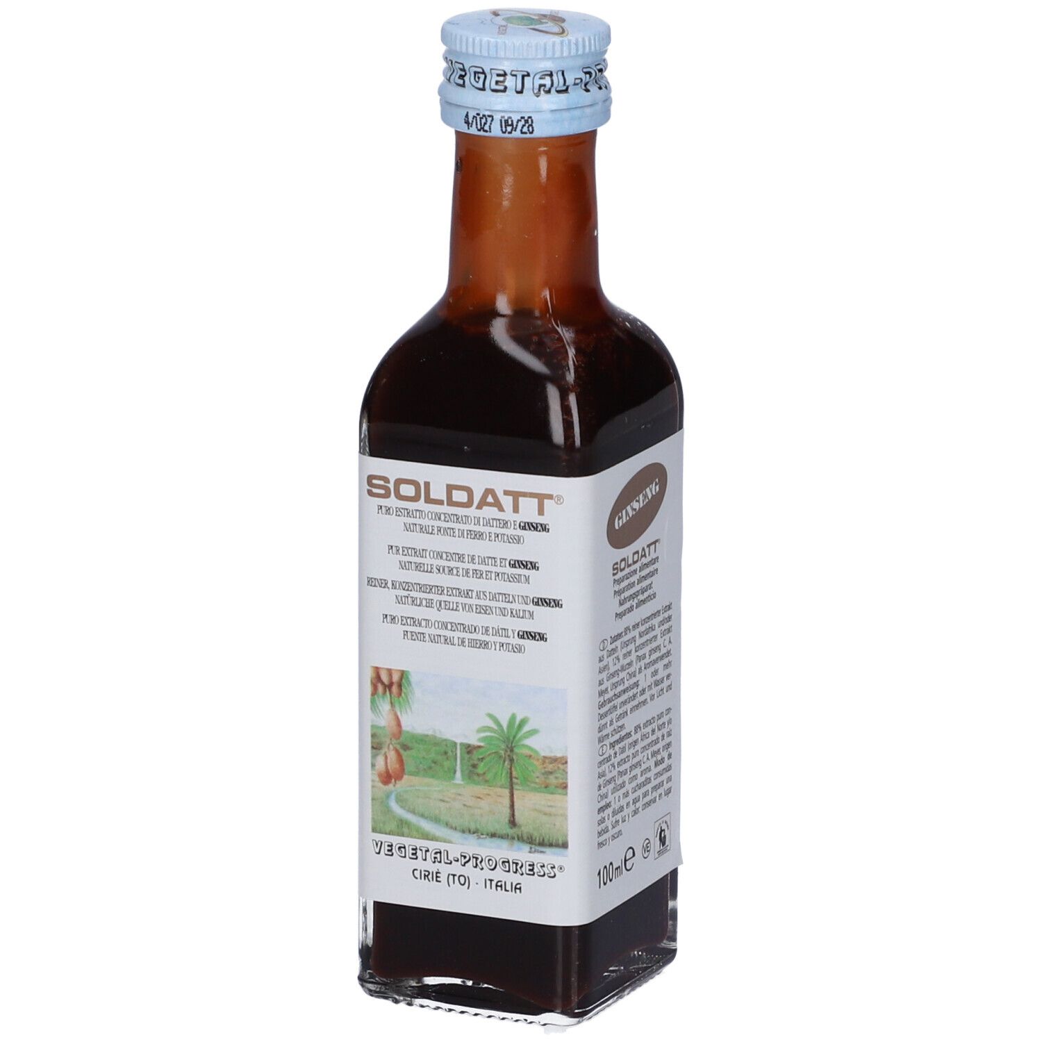 Bottiglia di vetro marrone con tappo blu. Scritte SOLDATT e GINSENG. Etichetta con motivo palme e testo. 100ml.