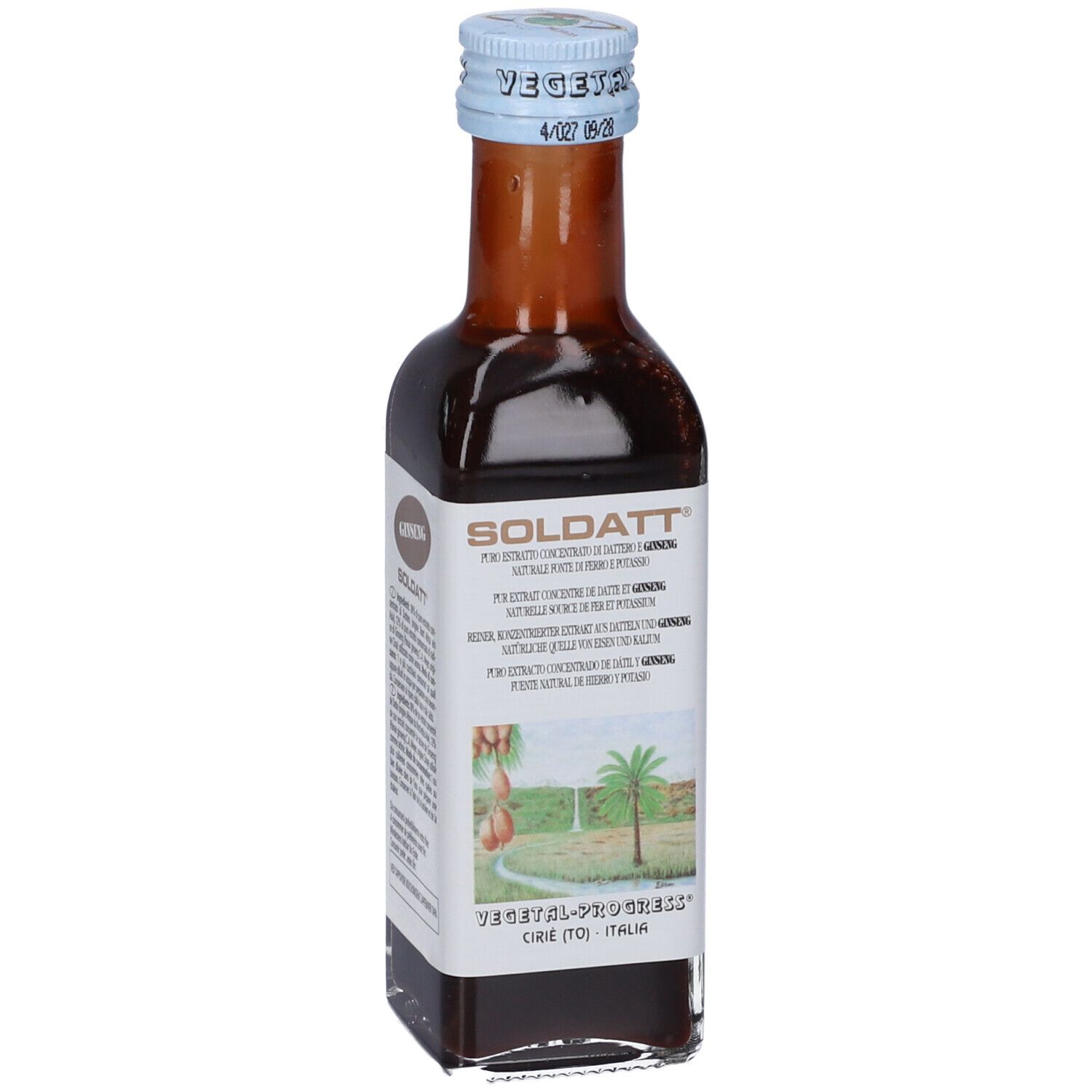 Bottiglia di vetro marrone con tappo blu. Scritte GINSENG e SOLDATT. Etichetta con motivo palme e testo. 100ml.