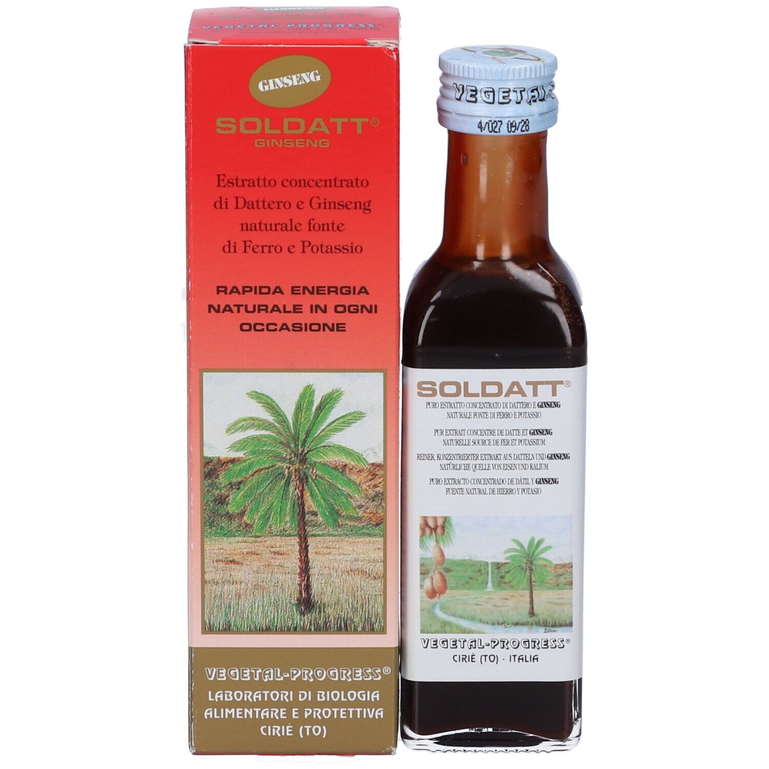 Bottiglia di vetro marrone con tappo blu e confezione rossa. Scritte GINSENG e SOLDATT. Testo e motivo palme.
