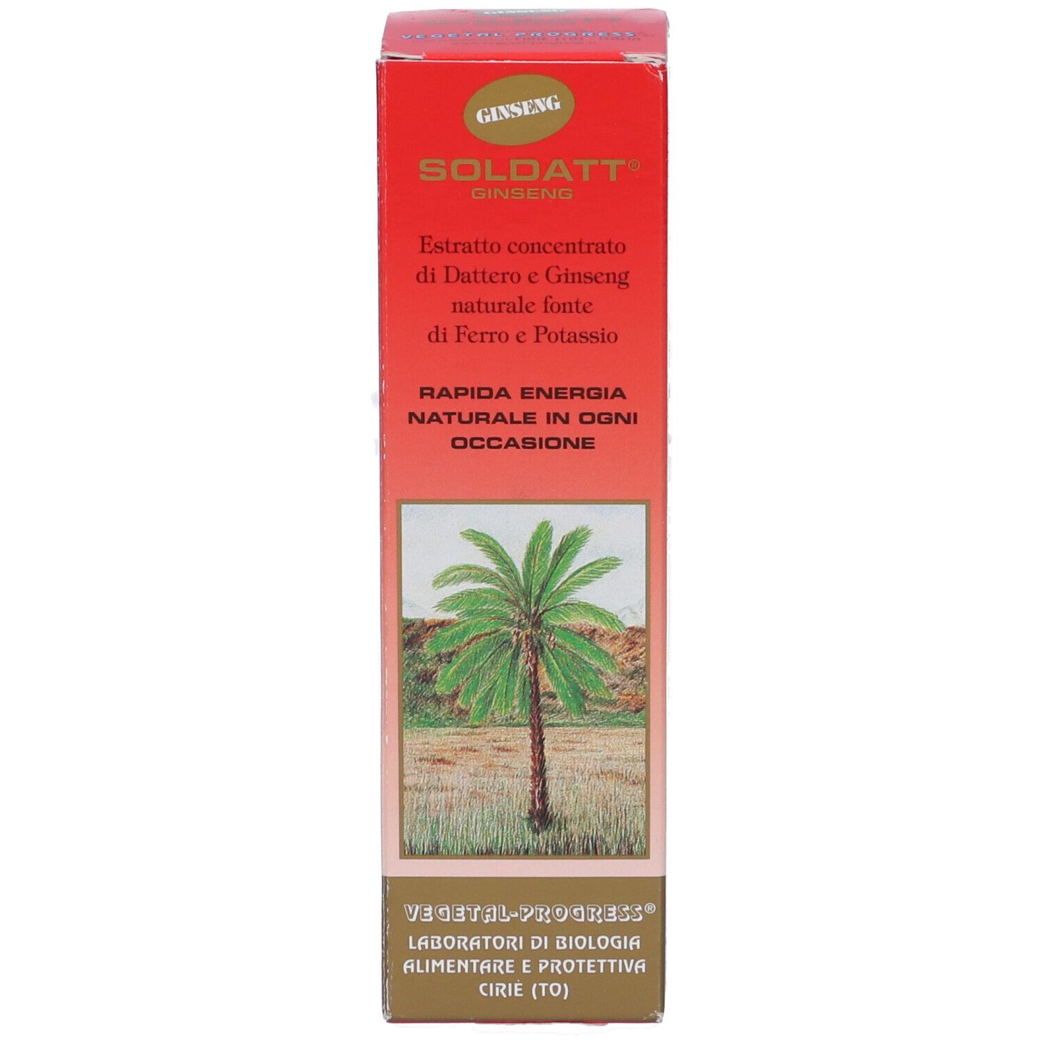 Confezione rossa con scritte GINSENG e SOLDATT. Testo e motivo palme. Laboratorio di Biologia Alimentare.